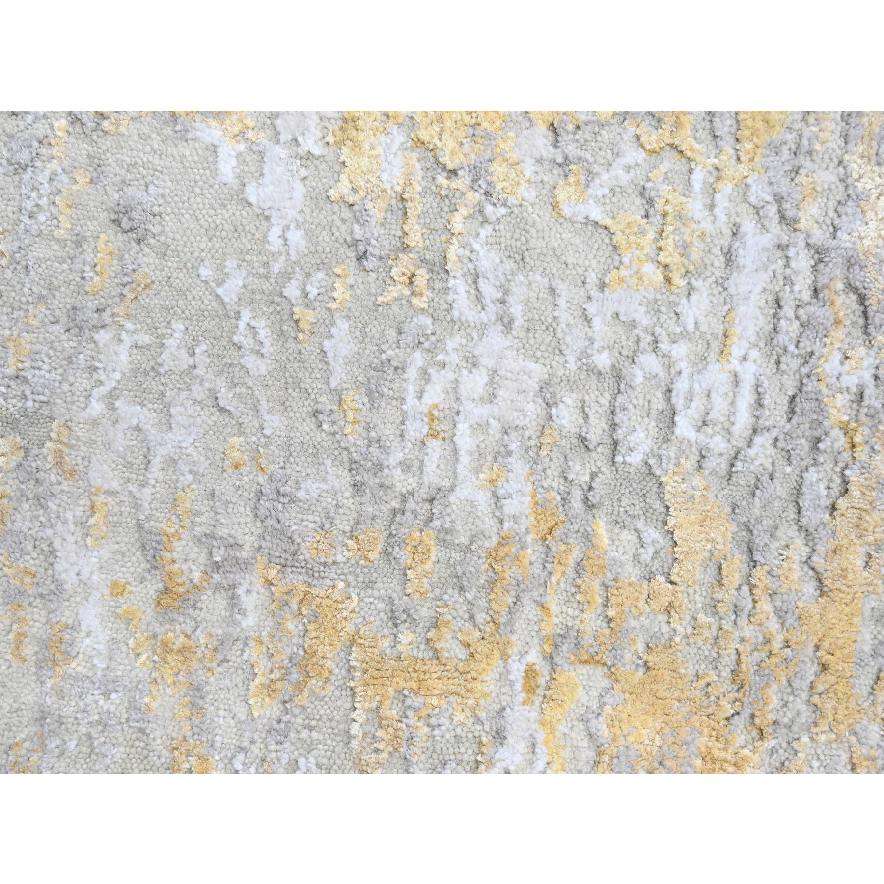2'6"x9'9" Beige with Gold, Abstract Design, Wool and Silk, Hi-Low Pile, Densely Woven, Hand Knotted, Runner, Oriental Rug Sh10204