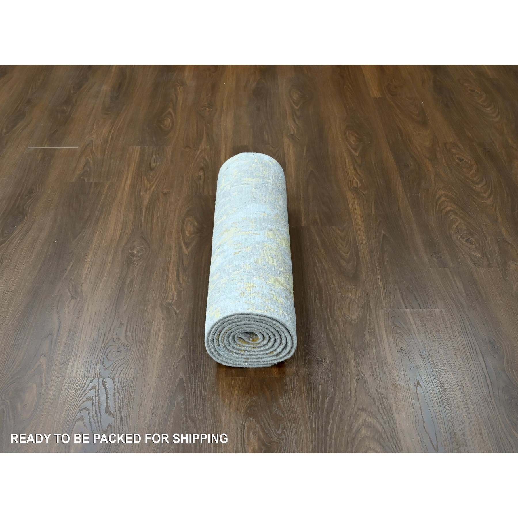 2'6"x9'9" Beige with Gold, Abstract Design, Wool and Silk, Hi-Low Pile, Densely Woven, Hand Knotted, Runner, Oriental Rug Sh10204