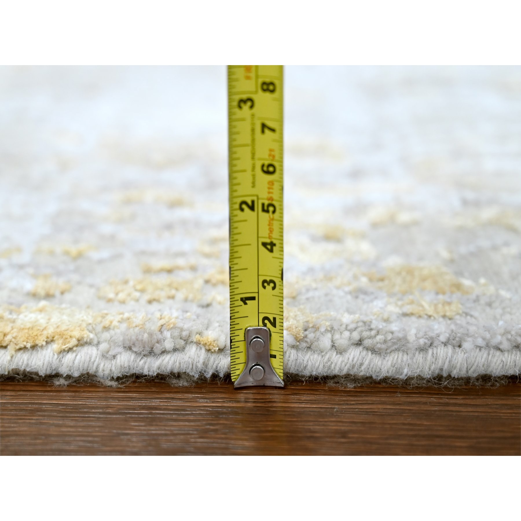 2'6"x9'9" Beige with Gold, Abstract Design, Wool and Silk, Hi-Low Pile, Densely Woven, Hand Knotted, Runner, Oriental Rug Sh10204