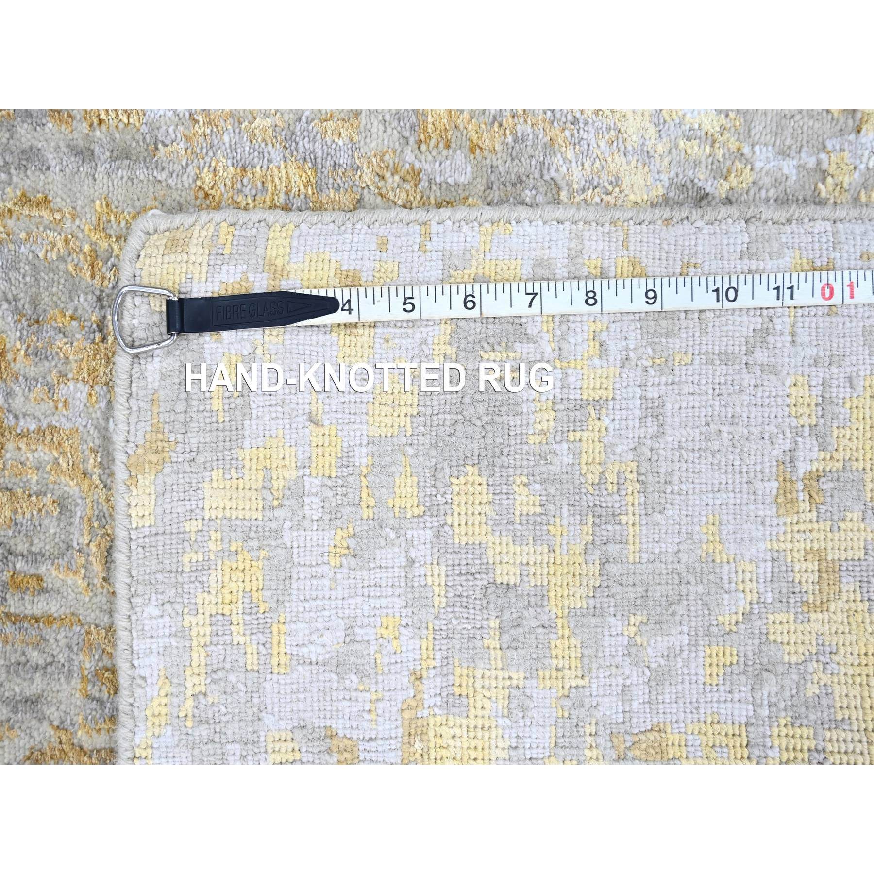 2'6"x9'9" Beige with Gold, Abstract Design, Wool and Silk, Hi-Low Pile, Densely Woven, Hand Knotted, Runner, Oriental Rug Sh10204