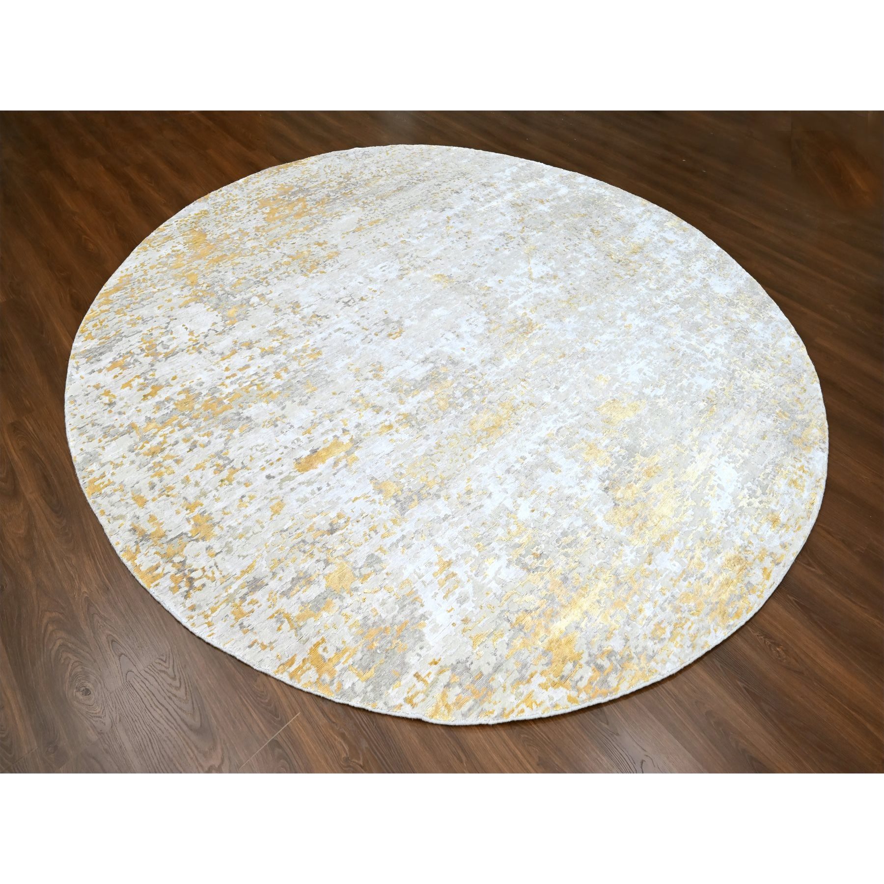 11'10"x11'10" Beige with Gold, Abstract Design, Wool and Silk, Densely Woven, Hi-Low Pile, Hand Knotted, Round, Oriental Rug Sh10206