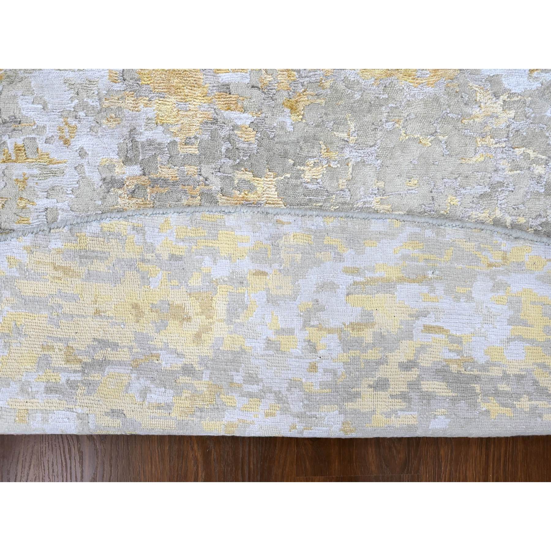 11'10"x11'10" Beige with Gold, Abstract Design, Wool and Silk, Densely Woven, Hi-Low Pile, Hand Knotted, Round, Oriental Rug Sh10206
