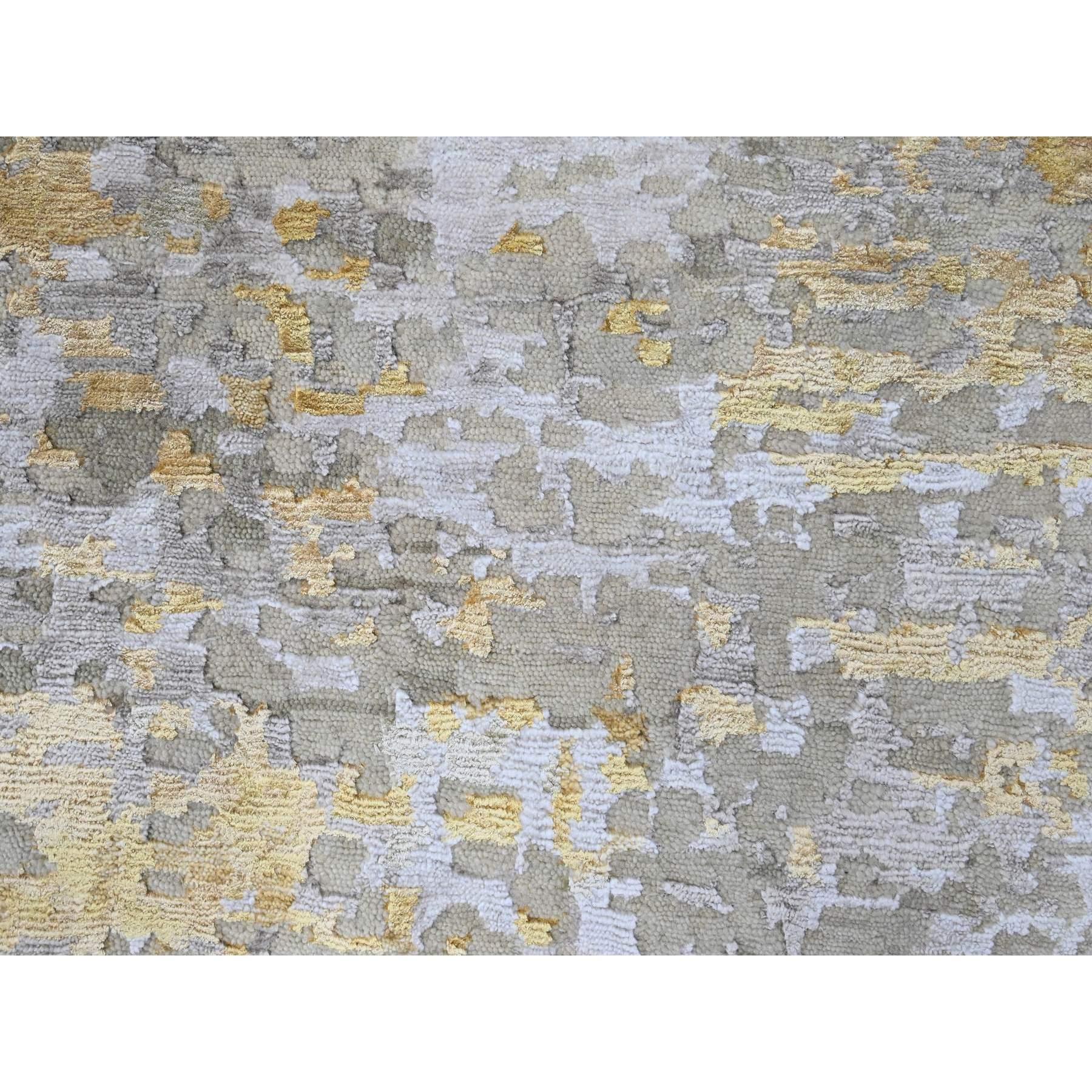 11'10"x11'10" Beige with Gold, Abstract Design, Wool and Silk, Densely Woven, Hi-Low Pile, Hand Knotted, Round, Oriental Rug Sh10206