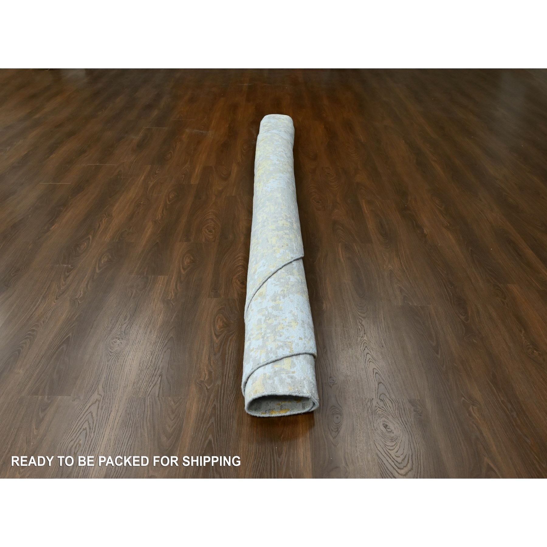 11'10"x11'10" Beige with Gold, Abstract Design, Wool and Silk, Densely Woven, Hi-Low Pile, Hand Knotted, Round, Oriental Rug Sh10206