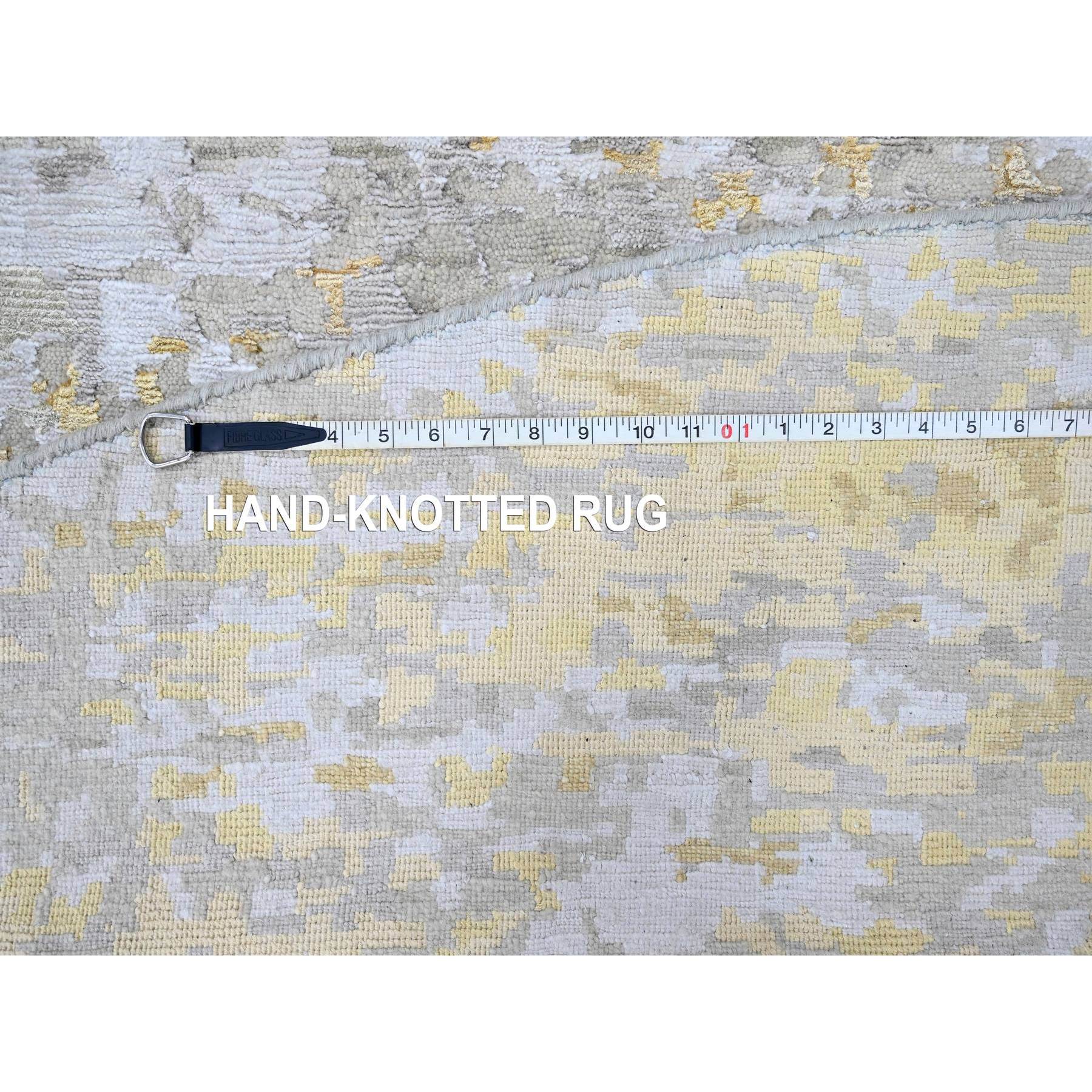 11'10"x11'10" Beige with Gold, Abstract Design, Wool and Silk, Densely Woven, Hi-Low Pile, Hand Knotted, Round, Oriental Rug Sh10206