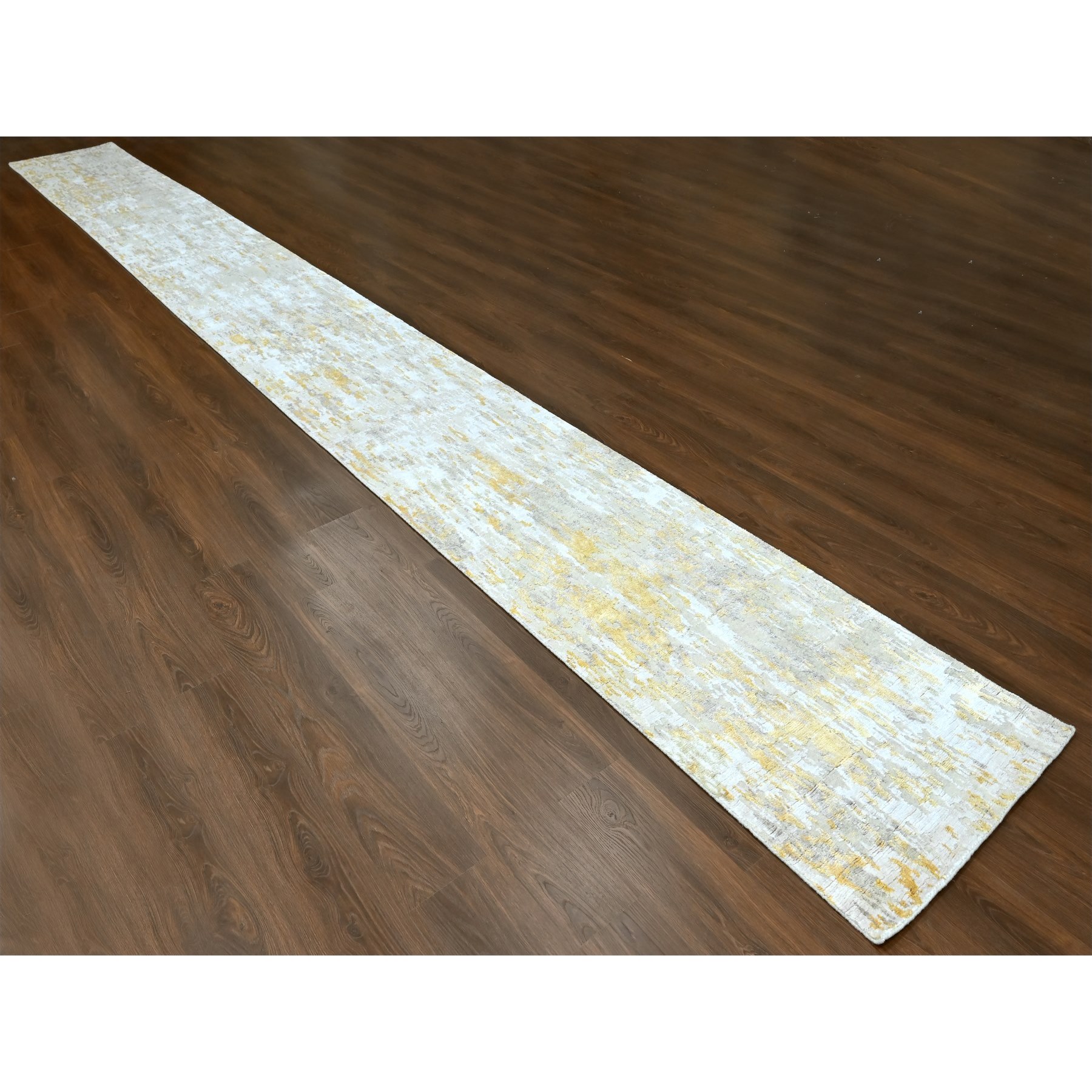 2'7'x23'6" Beige with Gold, Abstract Design, Wool and Silk, Hi-Low Pile, Hand Knotted, XL Runner, Oriental Rug Sh10207