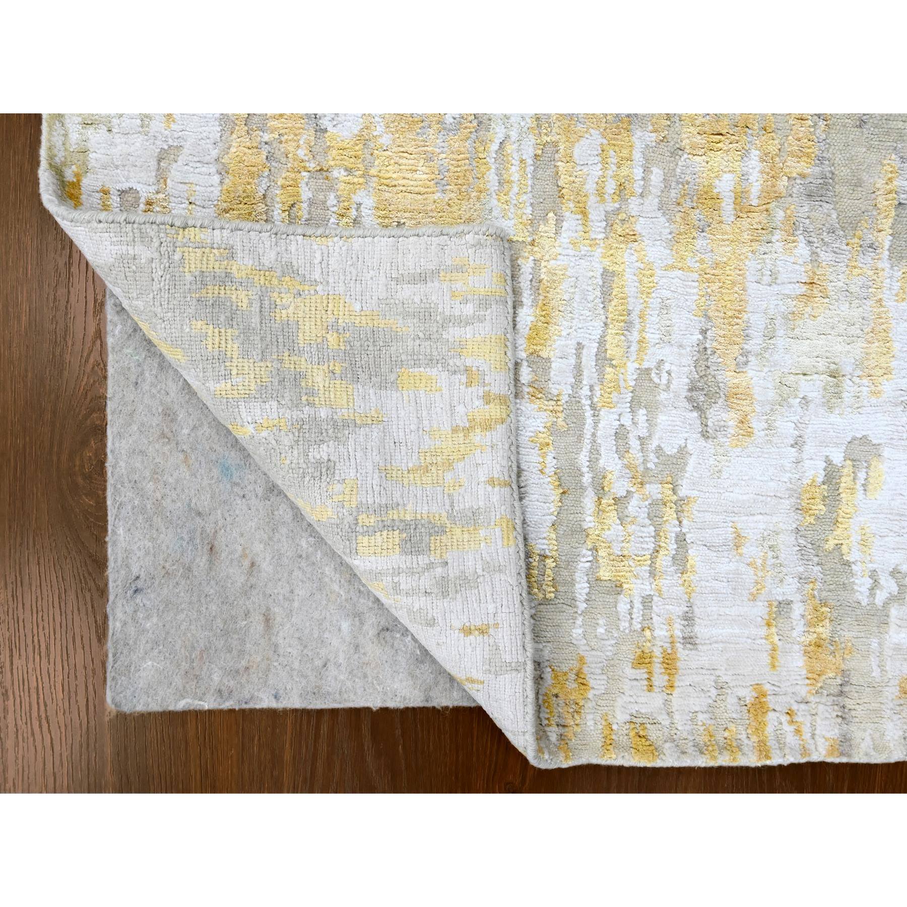 2'7'x23'6" Beige with Gold, Abstract Design, Wool and Silk, Hi-Low Pile, Hand Knotted, XL Runner, Oriental Rug Sh10207