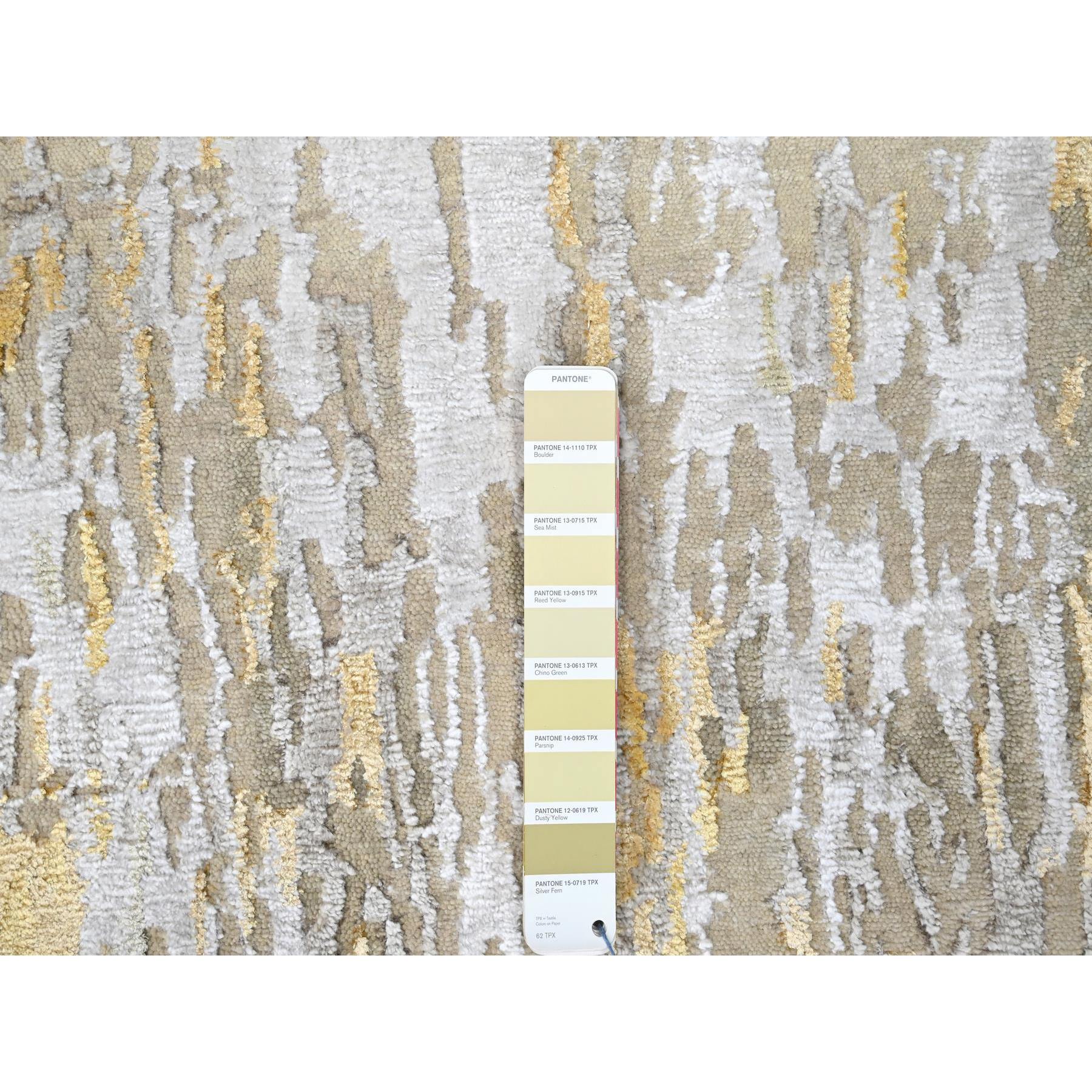 2'7'x23'6" Beige with Gold, Abstract Design, Wool and Silk, Hi-Low Pile, Hand Knotted, XL Runner, Oriental Rug Sh10207