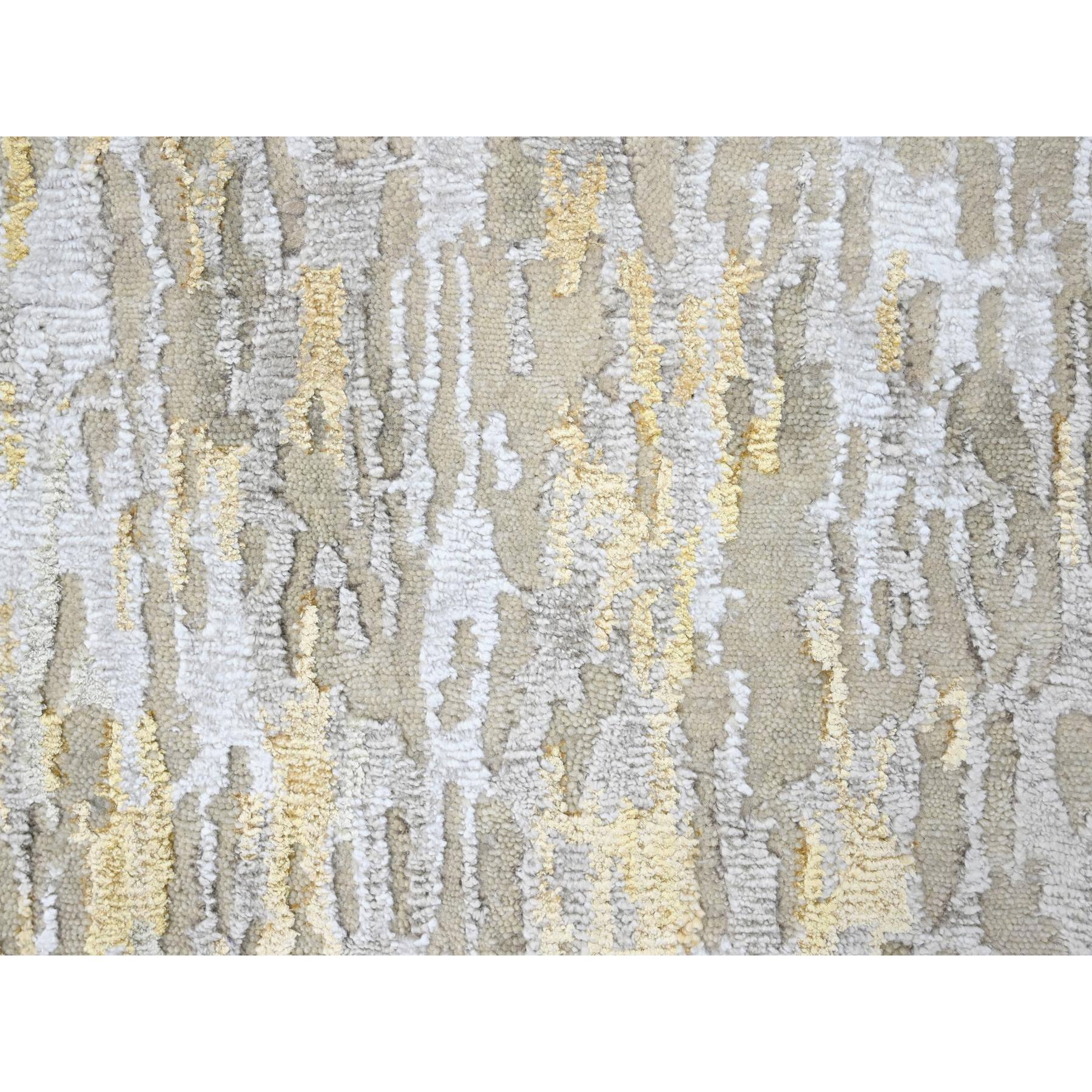 2'7'x23'6" Beige with Gold, Abstract Design, Wool and Silk, Hi-Low Pile, Hand Knotted, XL Runner, Oriental Rug Sh10207