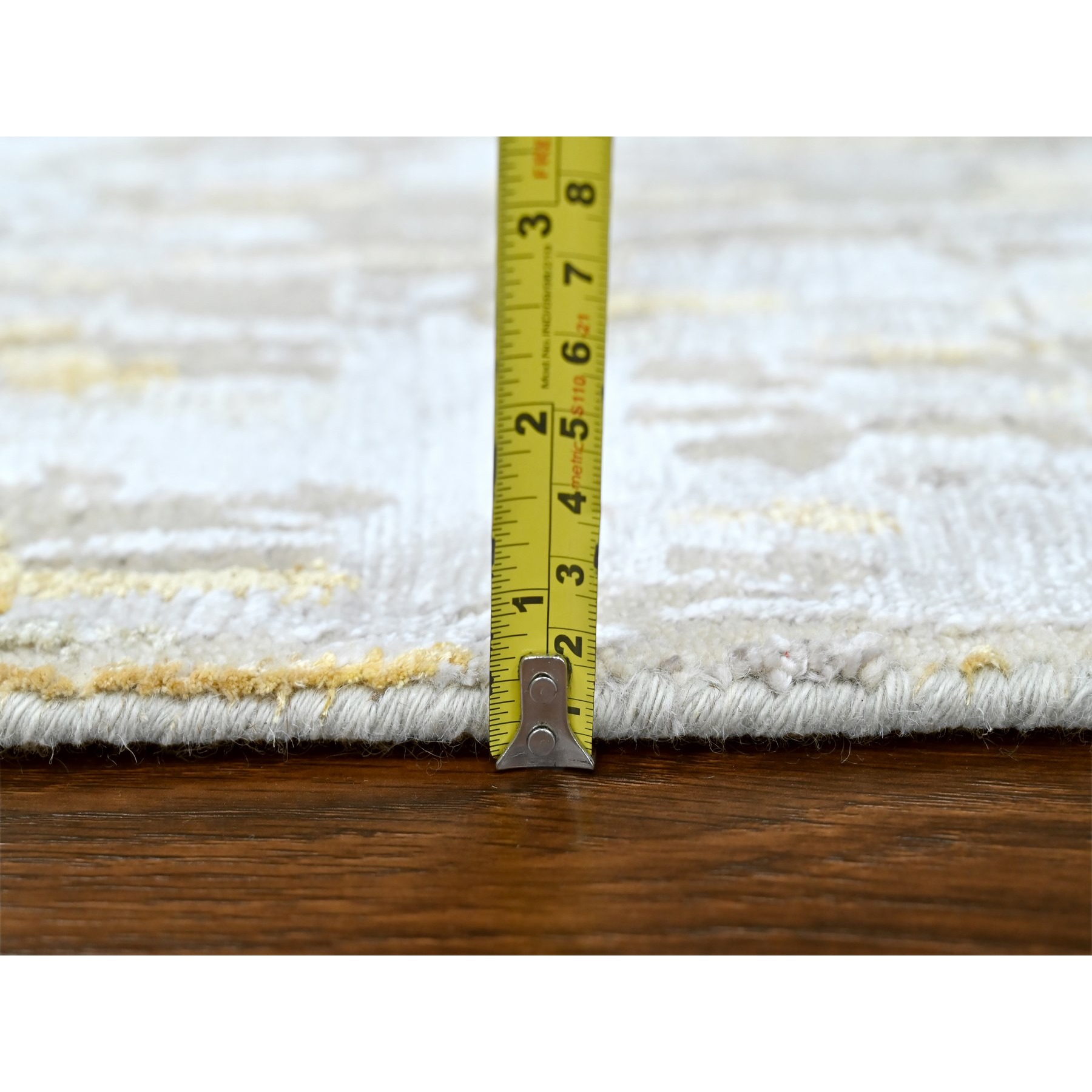 2'7'x23'6" Beige with Gold, Abstract Design, Wool and Silk, Hi-Low Pile, Hand Knotted, XL Runner, Oriental Rug Sh10207