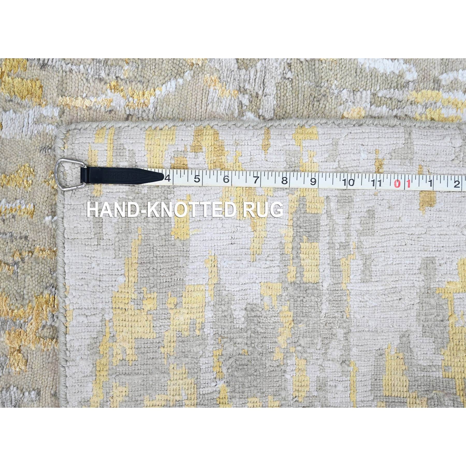 2'7'x23'6" Beige with Gold, Abstract Design, Wool and Silk, Hi-Low Pile, Hand Knotted, XL Runner, Oriental Rug Sh10207