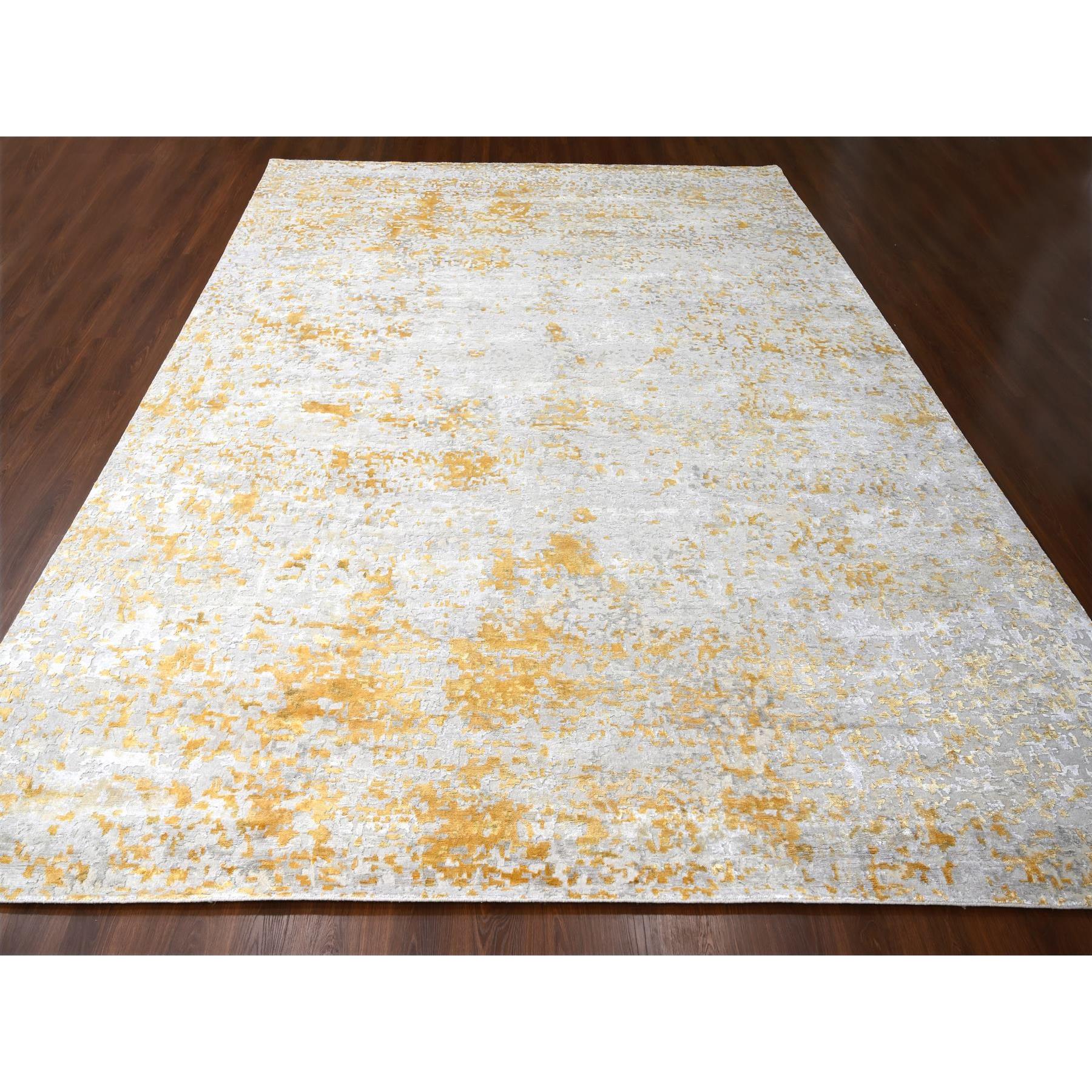 12'x14'9" Beige with Gold, Abstract Design, Wool and Silk, Hi-Low Pile, Hand Knotted, Densely Woven, Oversized, Oriental Rug Sh10208