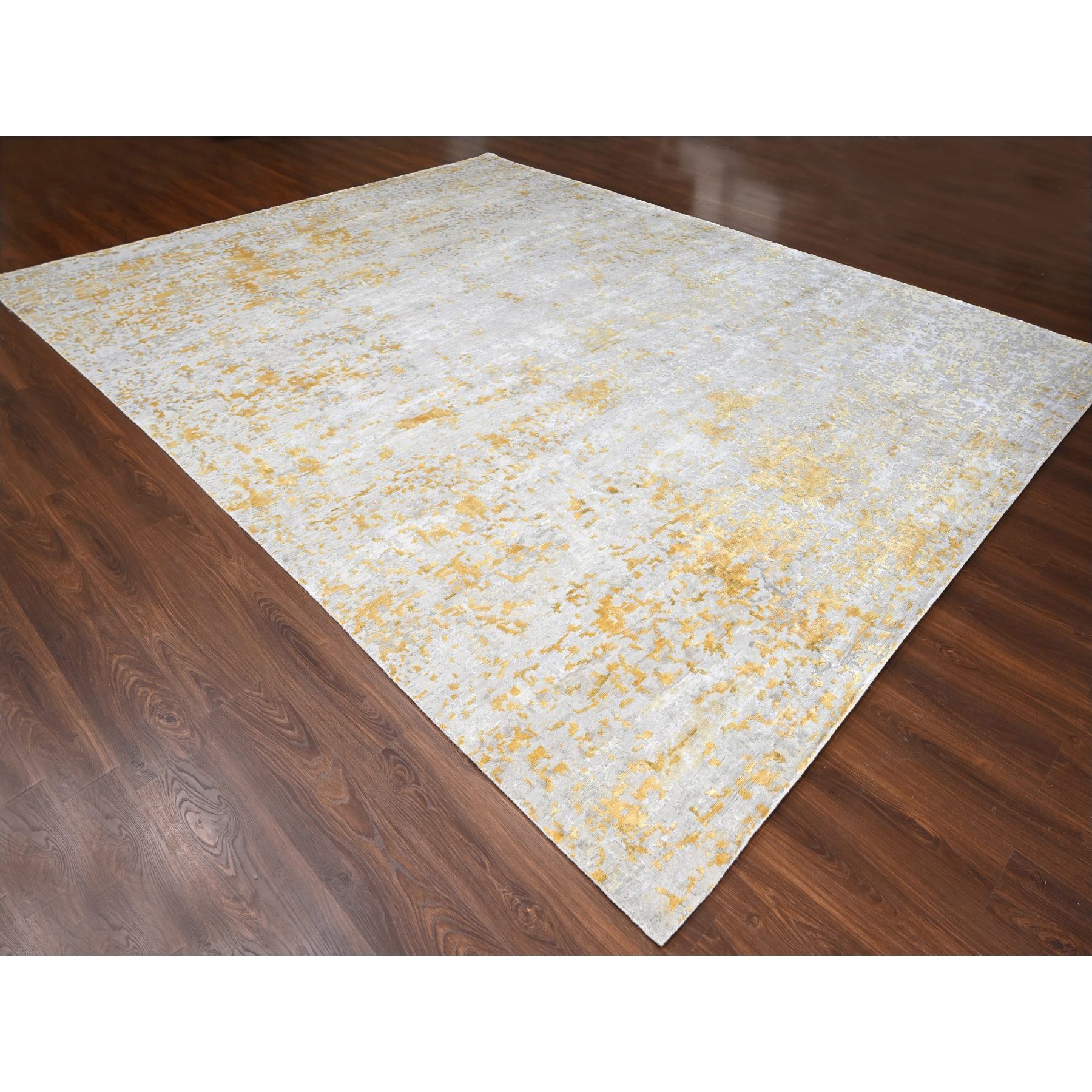 12'x14'9" Beige with Gold, Abstract Design, Wool and Silk, Hi-Low Pile, Hand Knotted, Densely Woven, Oversized, Oriental Rug Sh10208