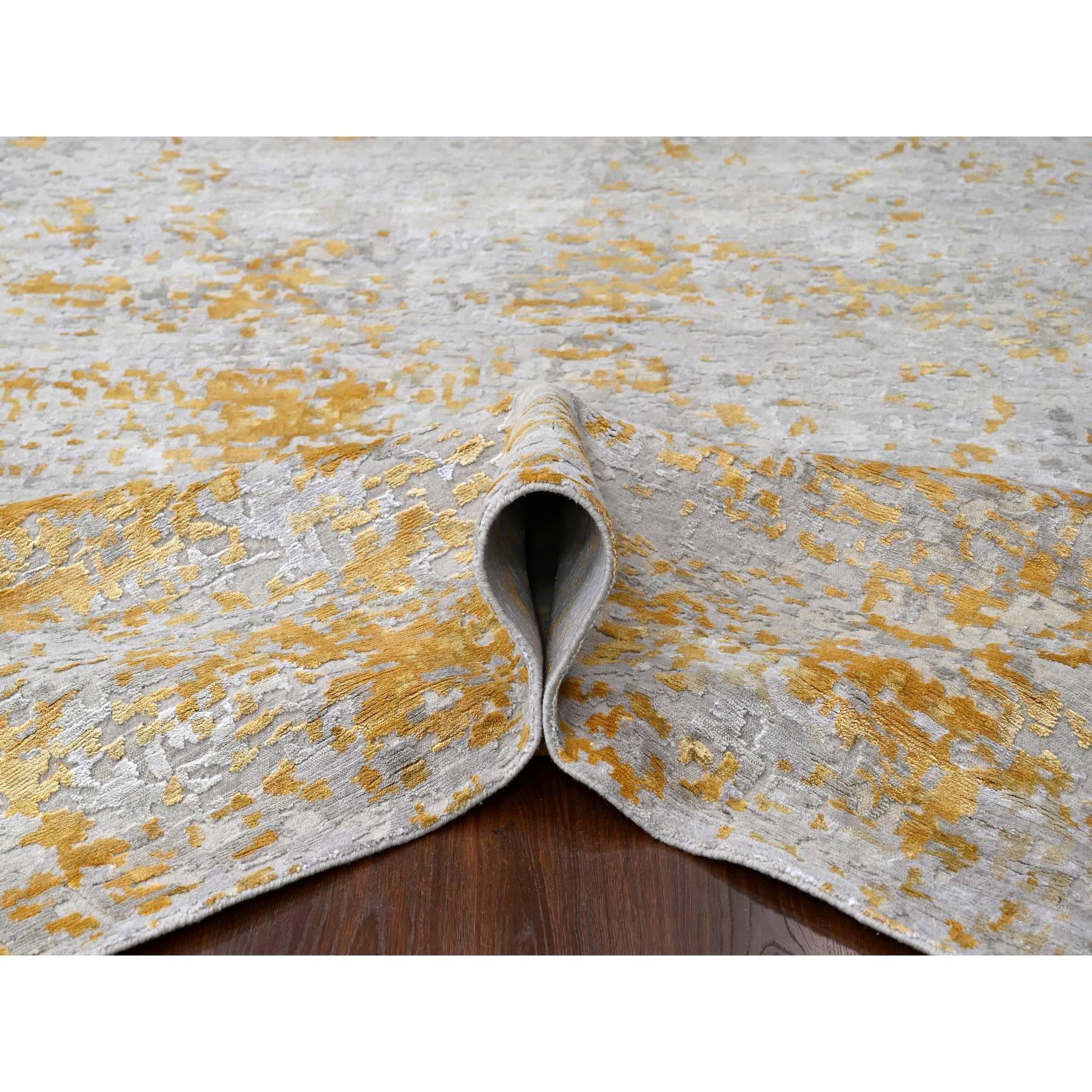 12'x14'9" Beige with Gold, Abstract Design, Wool and Silk, Hi-Low Pile, Hand Knotted, Densely Woven, Oversized, Oriental Rug Sh10208