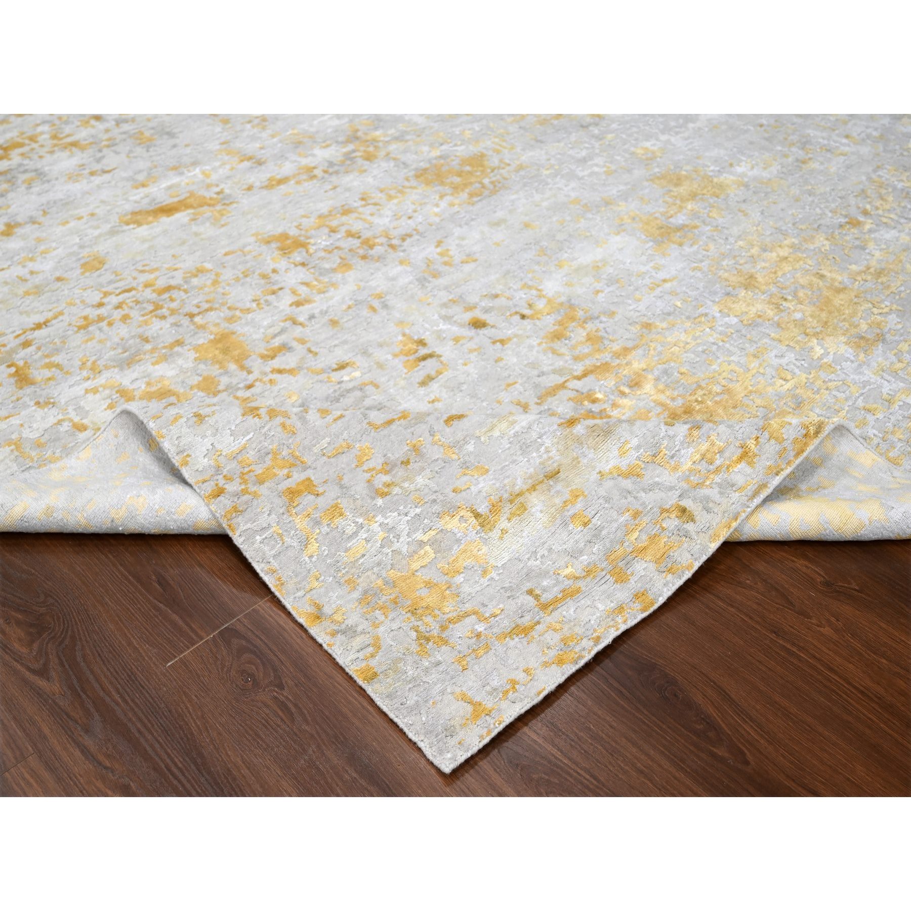 12'x14'9" Beige with Gold, Abstract Design, Wool and Silk, Hi-Low Pile, Hand Knotted, Densely Woven, Oversized, Oriental Rug Sh10208