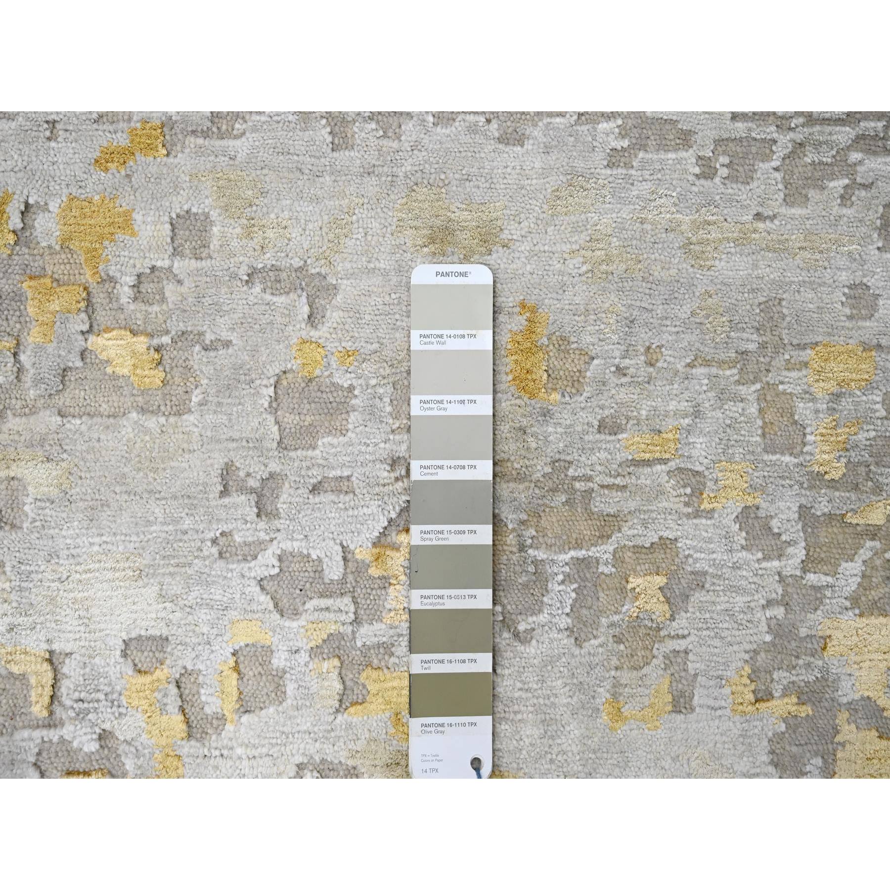 12'x14'9" Beige with Gold, Abstract Design, Wool and Silk, Hi-Low Pile, Hand Knotted, Densely Woven, Oversized, Oriental Rug Sh10208