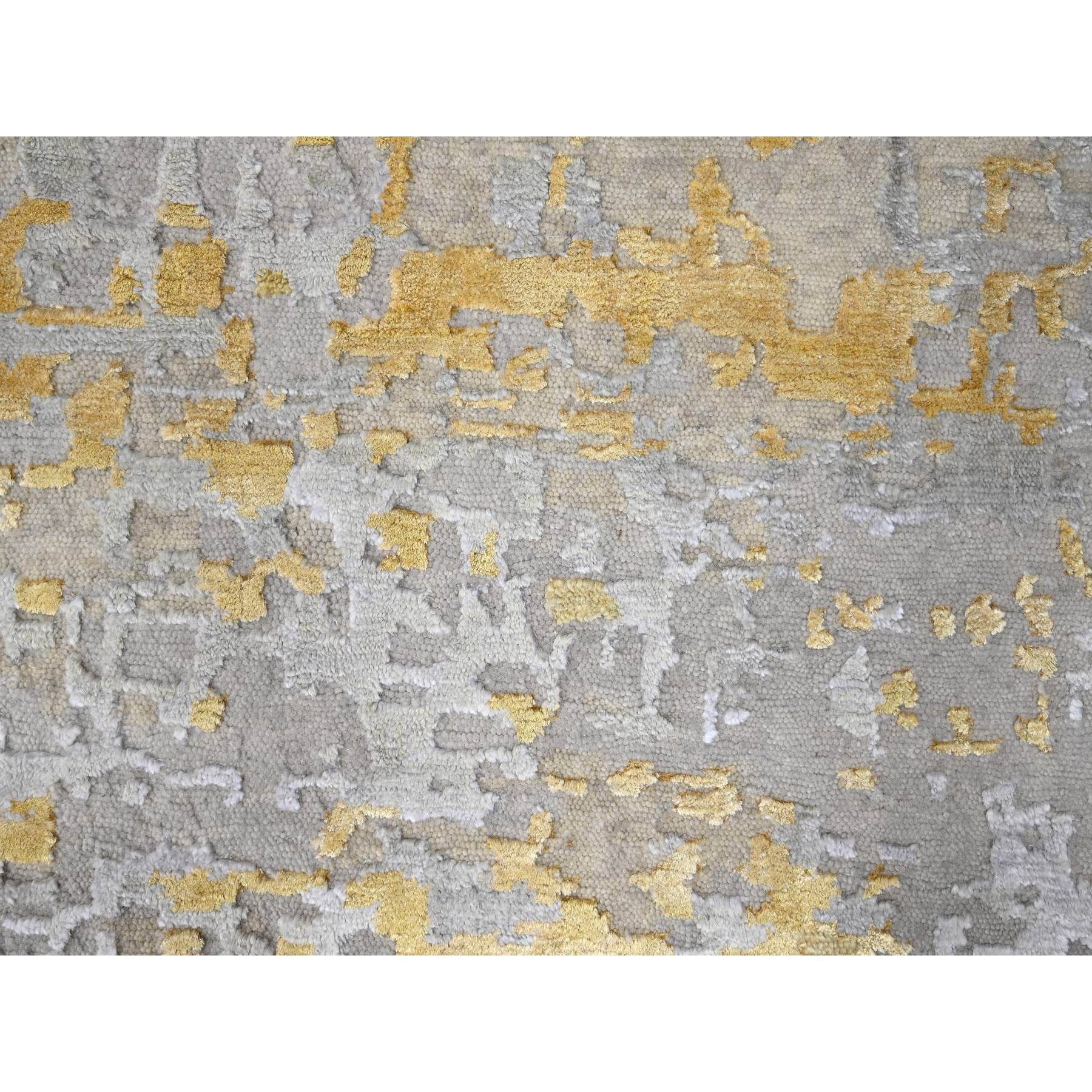 12'x14'9" Beige with Gold, Abstract Design, Wool and Silk, Hi-Low Pile, Hand Knotted, Densely Woven, Oversized, Oriental Rug Sh10208
