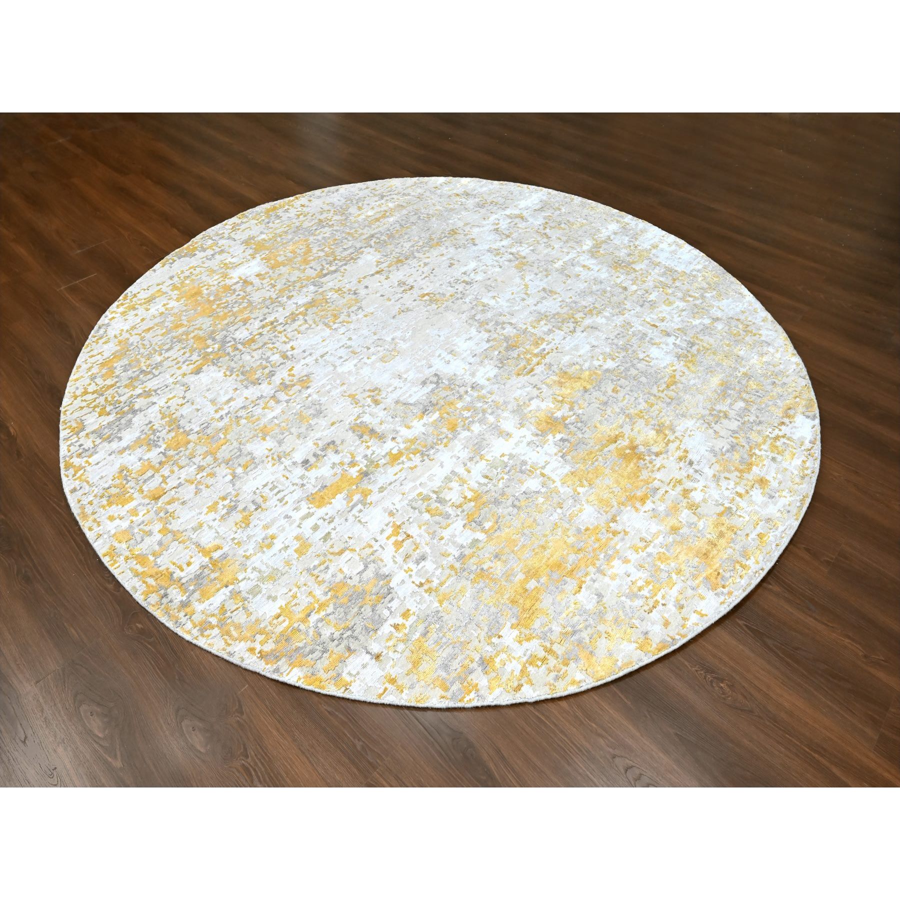10'x10' Beige with Gold, Abstract Design, Wool and Silk, Hi-Low Pile, Hand Knotted, Round, Oriental Rug Sh10209
