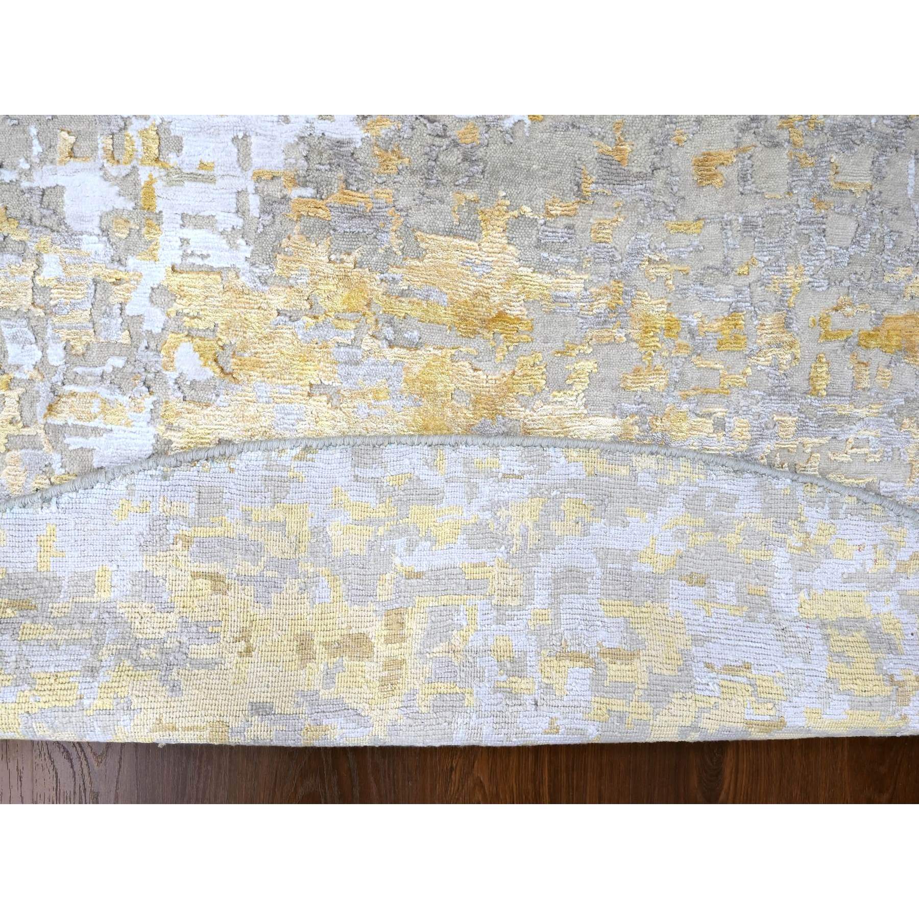 10'x10' Beige with Gold, Abstract Design, Wool and Silk, Hi-Low Pile, Hand Knotted, Round, Oriental Rug Sh10209