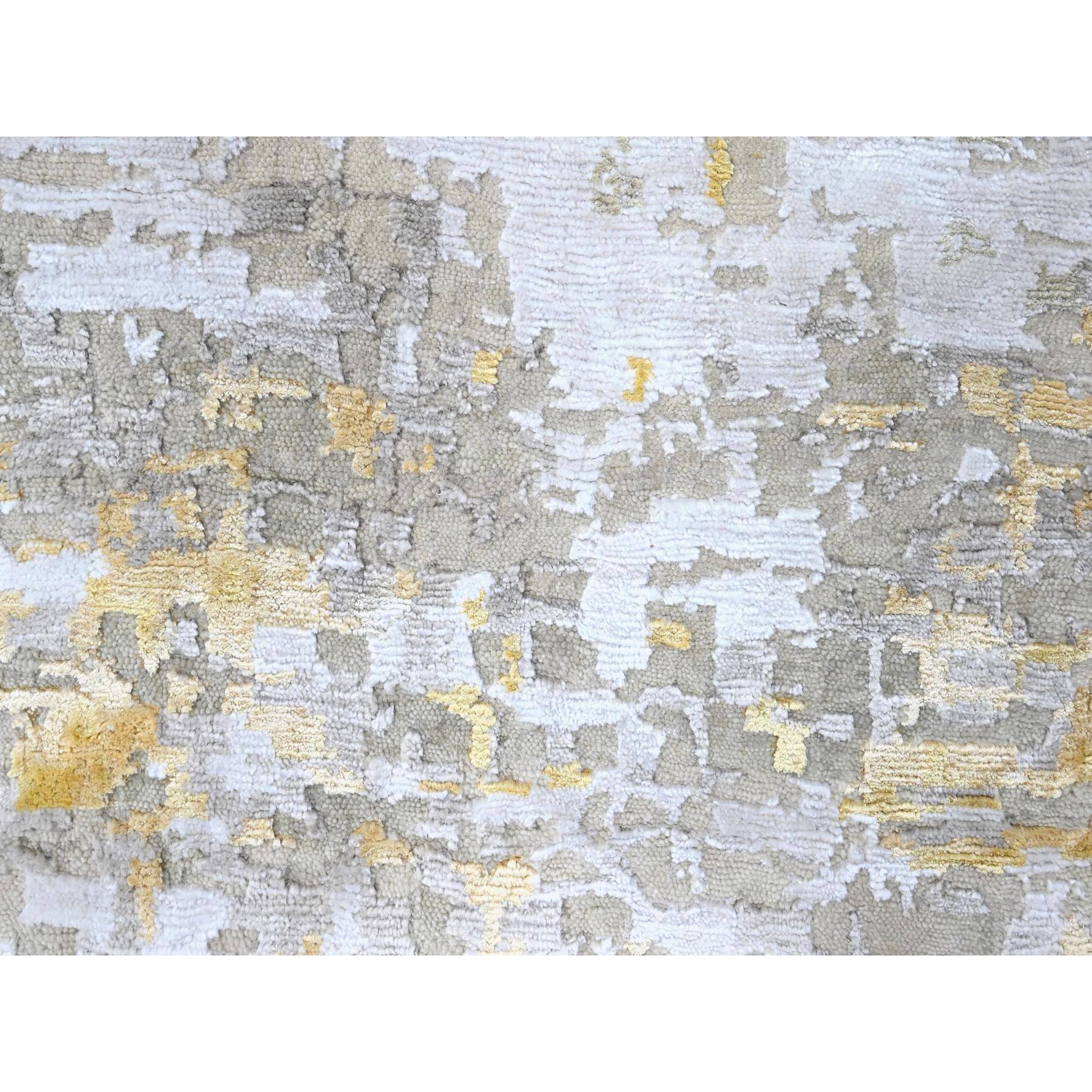 10'x10' Beige with Gold, Abstract Design, Wool and Silk, Hi-Low Pile, Hand Knotted, Round, Oriental Rug Sh10209