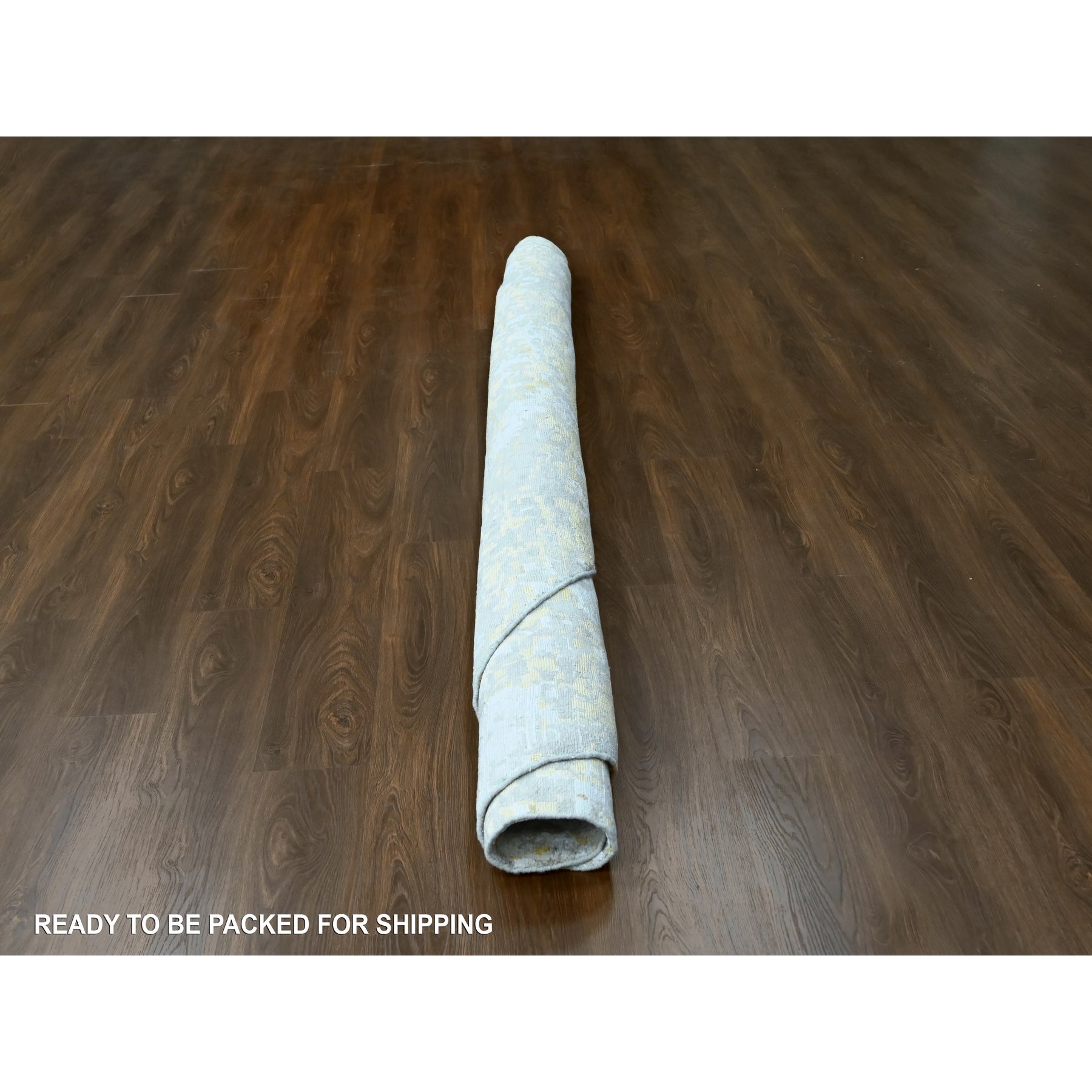 10'x10' Beige with Gold, Abstract Design, Wool and Silk, Hi-Low Pile, Hand Knotted, Round, Oriental Rug Sh10209