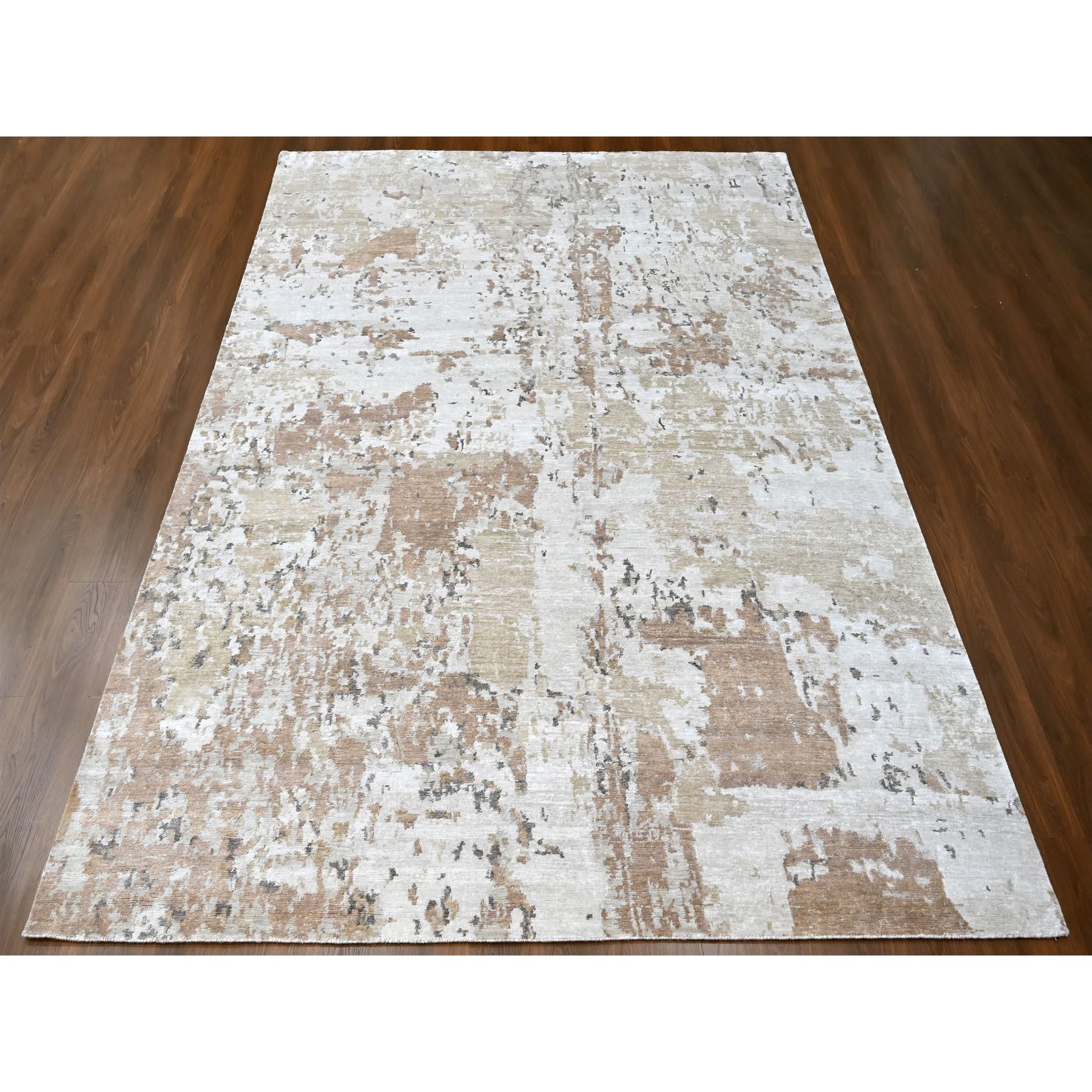 9'x12'1" Beaver Brown and Earth Tone Colors, Abstract Design with Nepali Weave, Shiny Plant Based Silk, Hand Knotted, Oriental Rug Sh10211