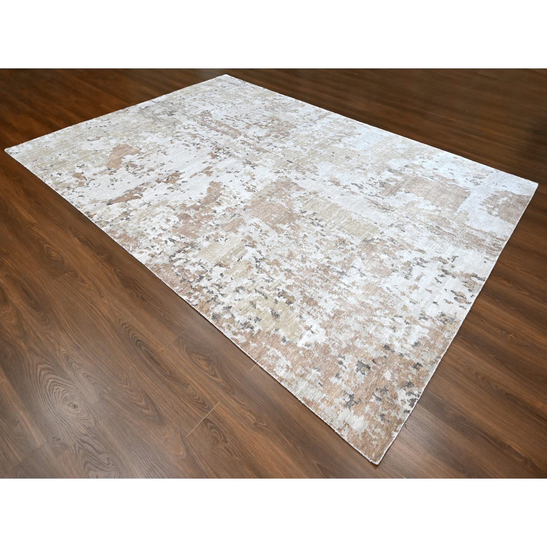 9'x12'1" Beaver Brown and Earth Tone Colors, Abstract Design with Nepali Weave, Shiny Plant Based Silk, Hand Knotted, Oriental Rug Sh10211