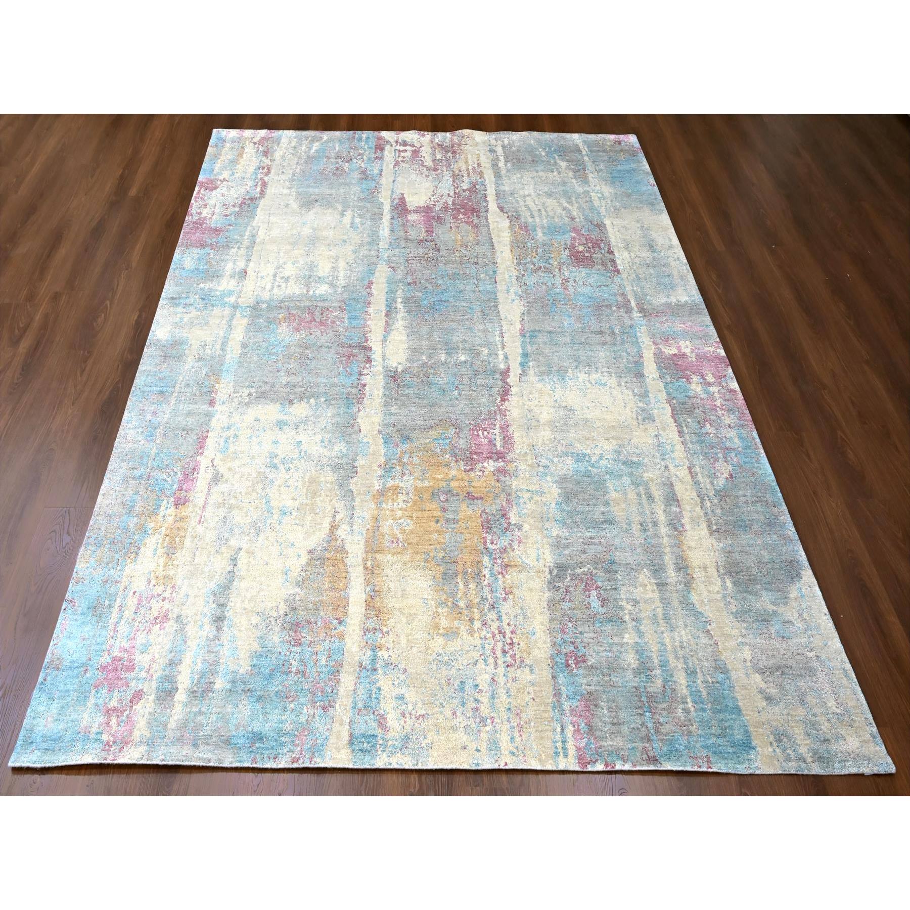 9'x12' Pastel Yellow and Blue Earth Tones, Abstract Design with Nepali Weave, Shiny Wool and Silk, Hand Knotted, Oriental Rug Sh10212