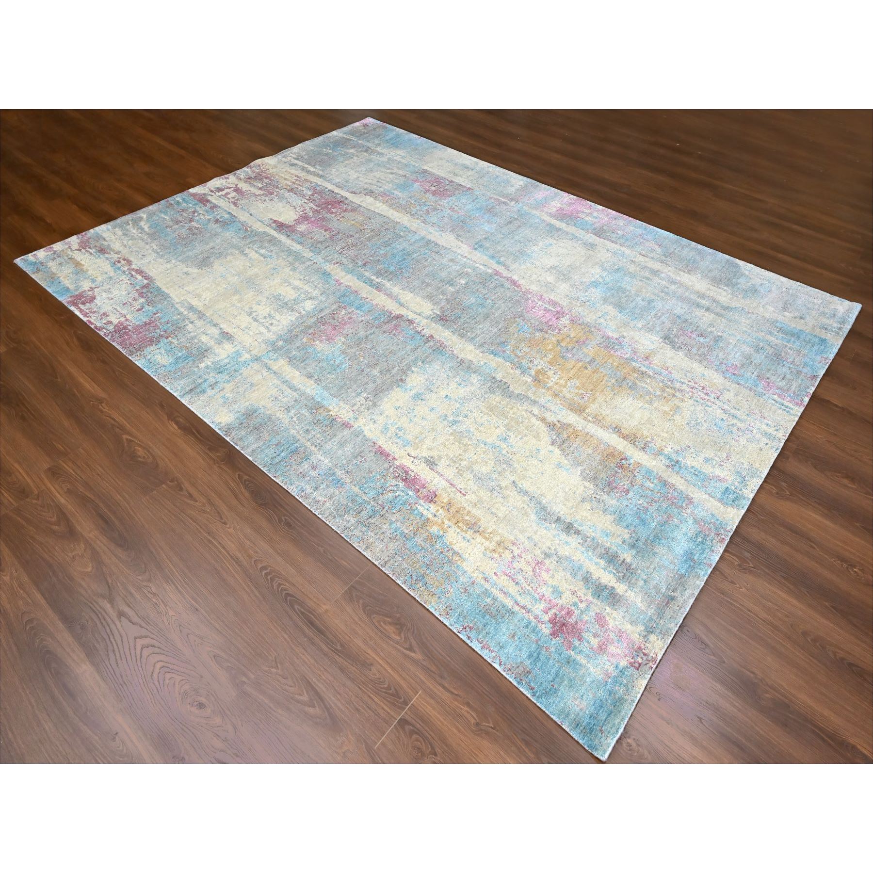 9'x12' Pastel Yellow and Blue Earth Tones, Abstract Design with Nepali Weave, Shiny Wool and Silk, Hand Knotted, Oriental Rug Sh10212