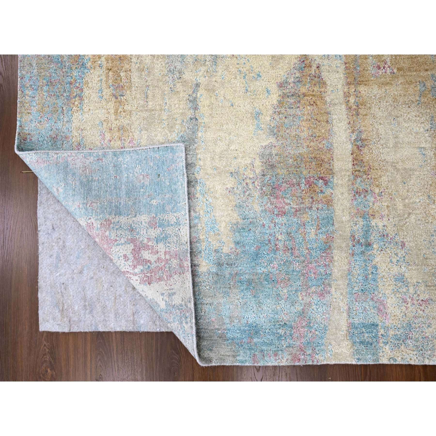 9'x12' Pastel Yellow and Blue Earth Tones, Abstract Design with Nepali Weave, Shiny Wool and Silk, Hand Knotted, Oriental Rug Sh10212