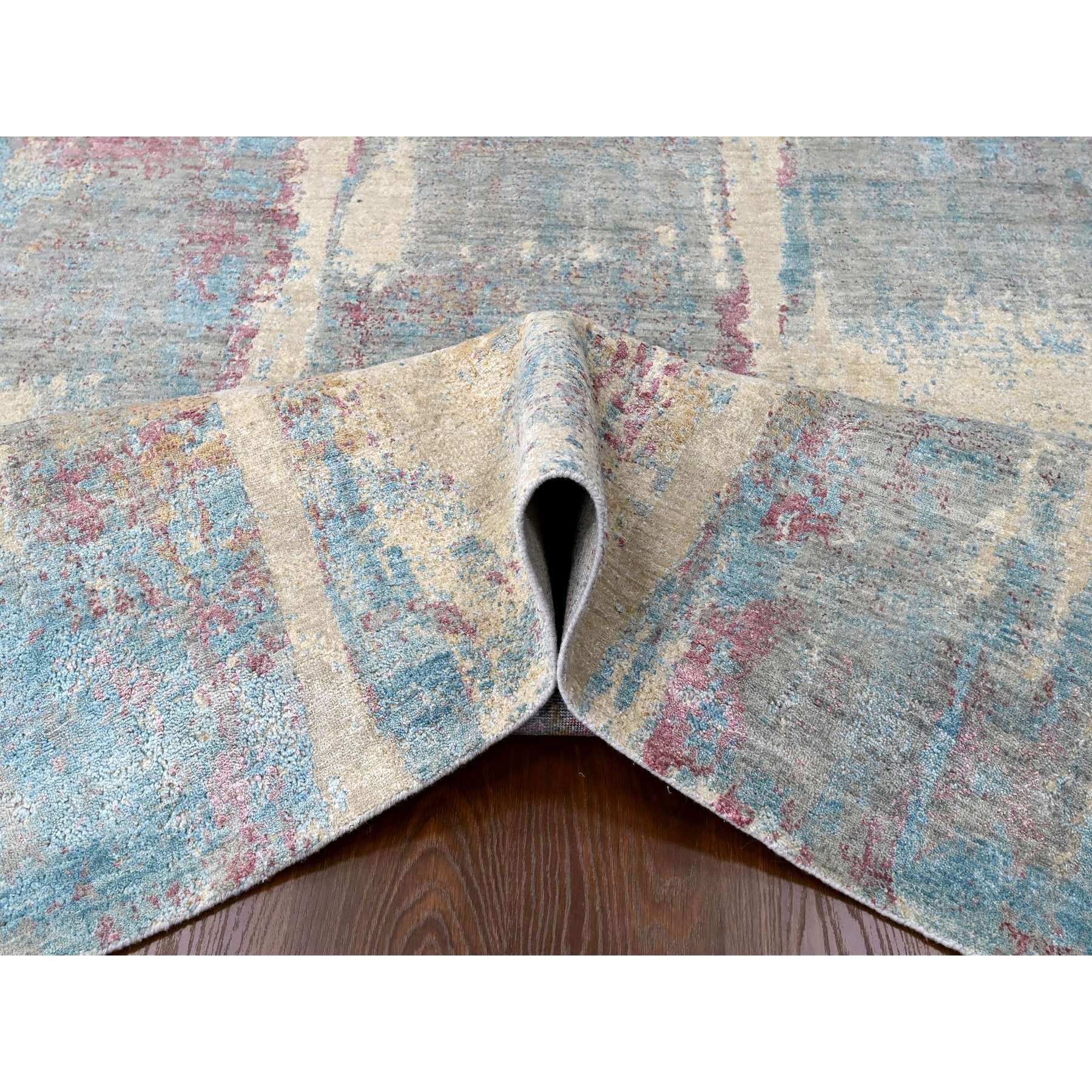 9'x12' Pastel Yellow and Blue Earth Tones, Abstract Design with Nepali Weave, Shiny Wool and Silk, Hand Knotted, Oriental Rug Sh10212