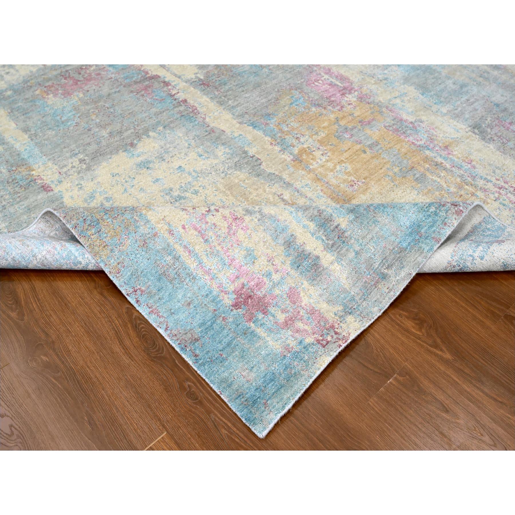 9'x12' Pastel Yellow and Blue Earth Tones, Abstract Design with Nepali Weave, Shiny Wool and Silk, Hand Knotted, Oriental Rug Sh10212
