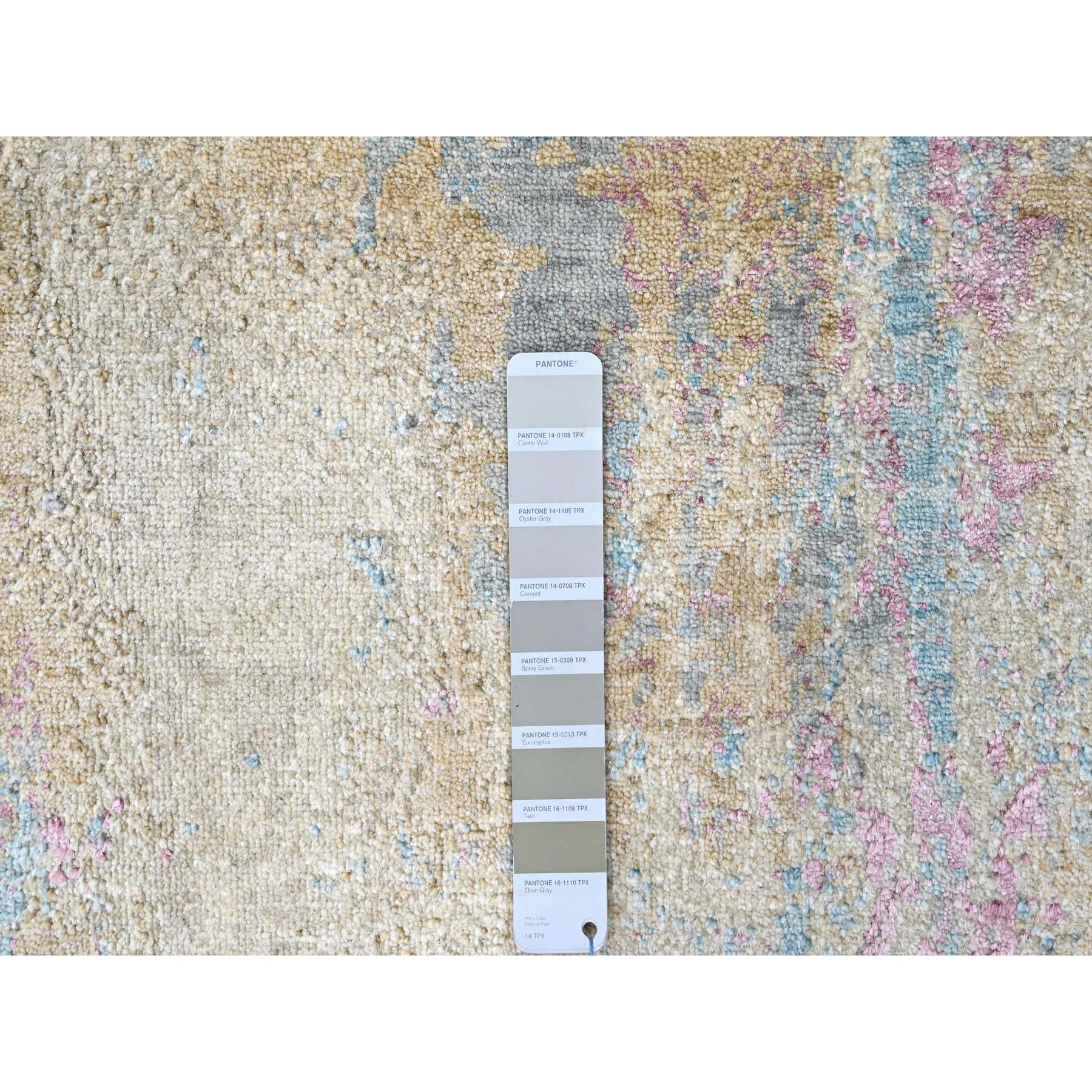 9'x12' Pastel Yellow and Blue Earth Tones, Abstract Design with Nepali Weave, Shiny Wool and Silk, Hand Knotted, Oriental Rug Sh10212