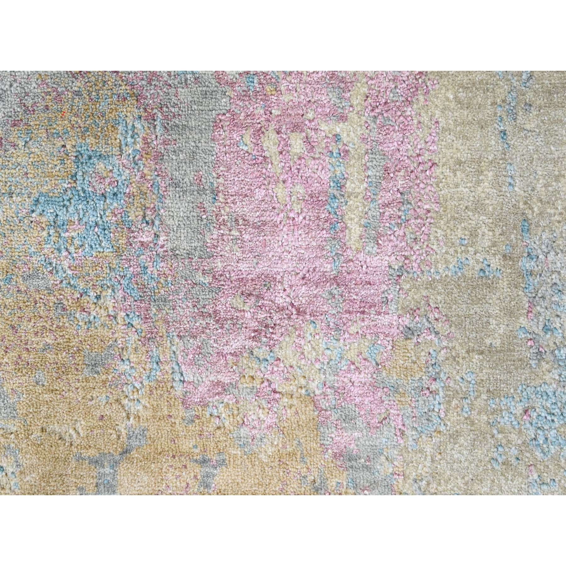 9'x12' Pastel Yellow and Blue Earth Tones, Abstract Design with Nepali Weave, Shiny Wool and Silk, Hand Knotted, Oriental Rug Sh10212