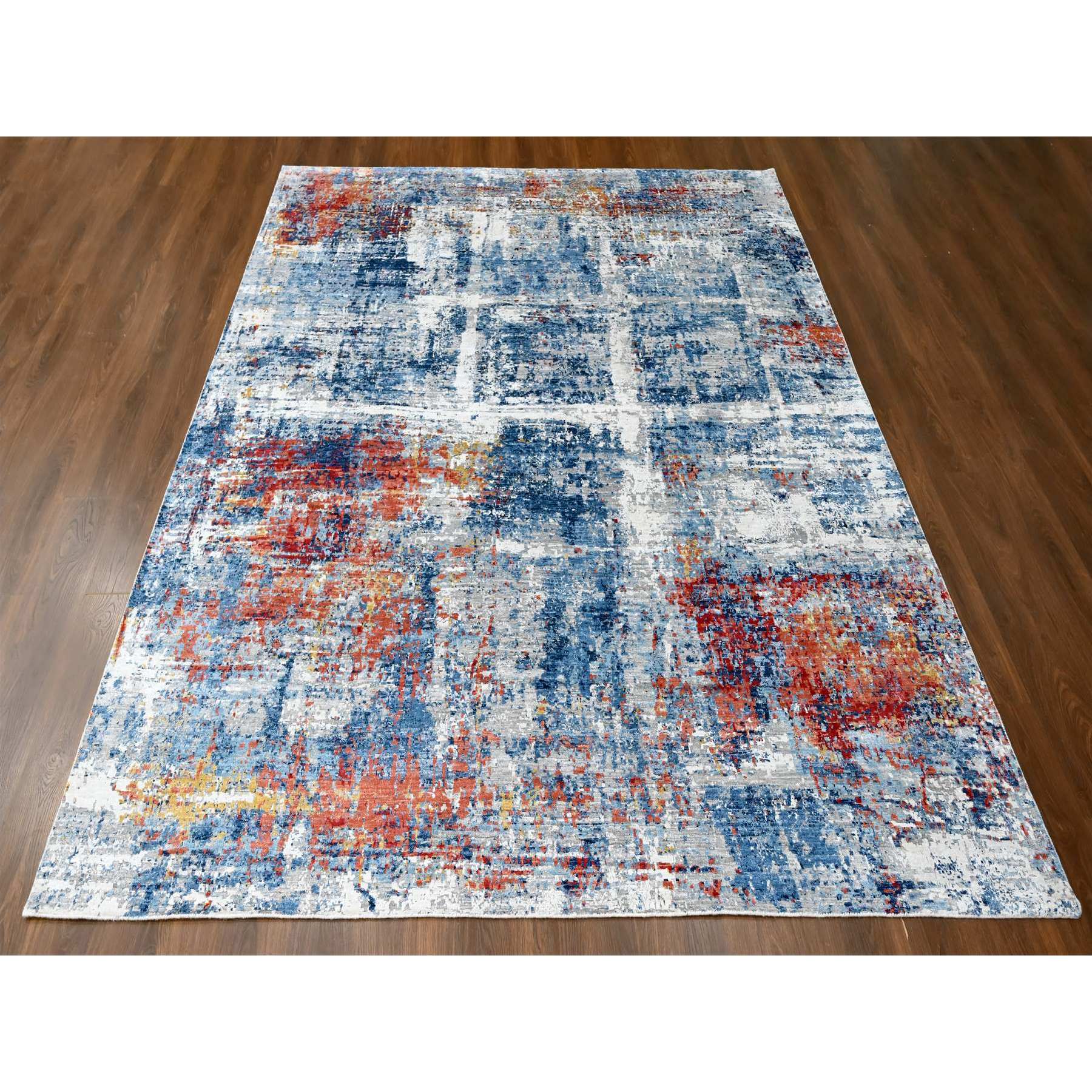 8'9"x11'7" Imperial Blue and Earth Tone Colors, Abstract Design with Nepali Weave, Shiny Plant Based Silk, Hand Knotted, Oriental Rug Sh10213