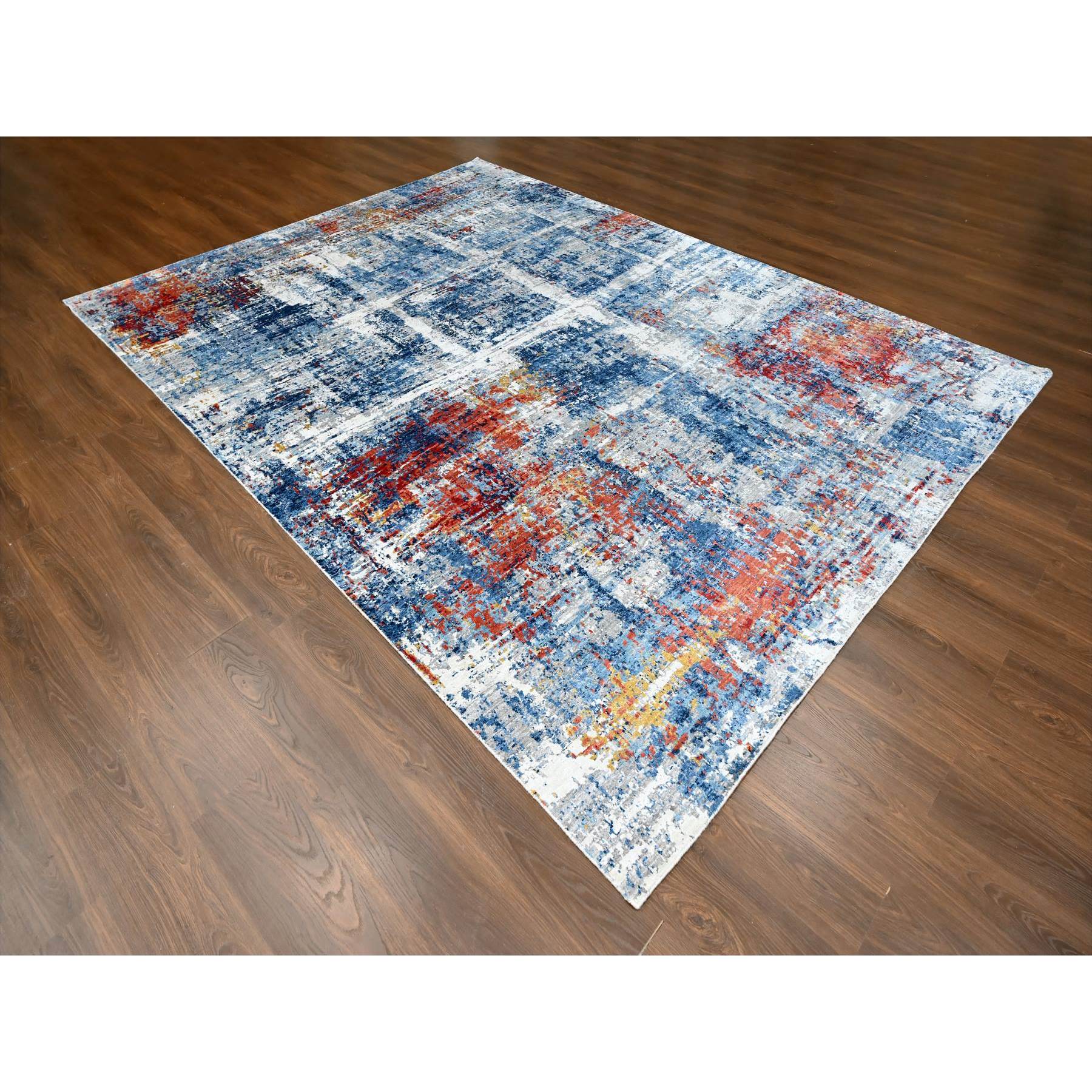 8'9"x11'7" Imperial Blue and Earth Tone Colors, Abstract Design with Nepali Weave, Shiny Plant Based Silk, Hand Knotted, Oriental Rug Sh10213