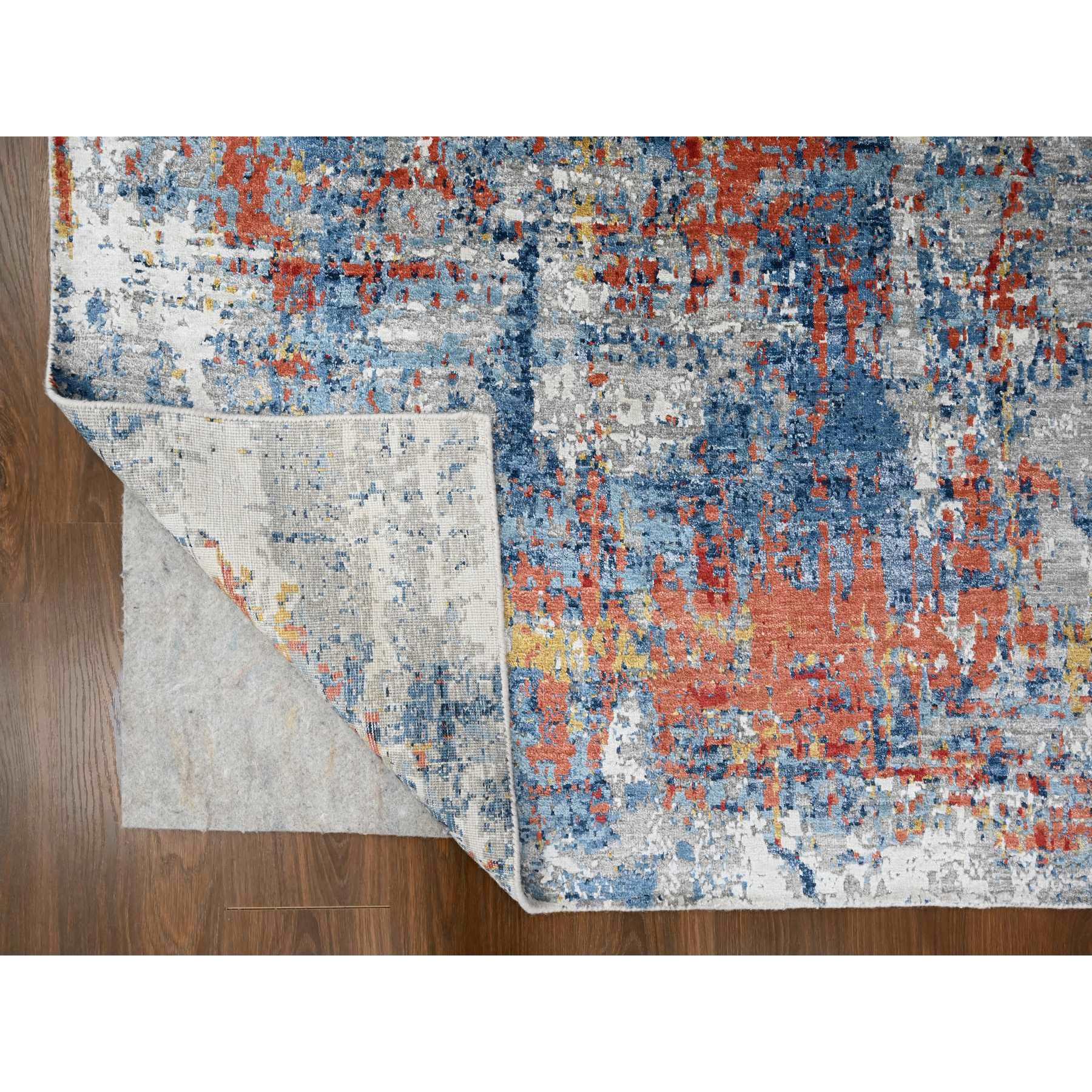 8'9"x11'7" Imperial Blue and Earth Tone Colors, Abstract Design with Nepali Weave, Shiny Plant Based Silk, Hand Knotted, Oriental Rug Sh10213