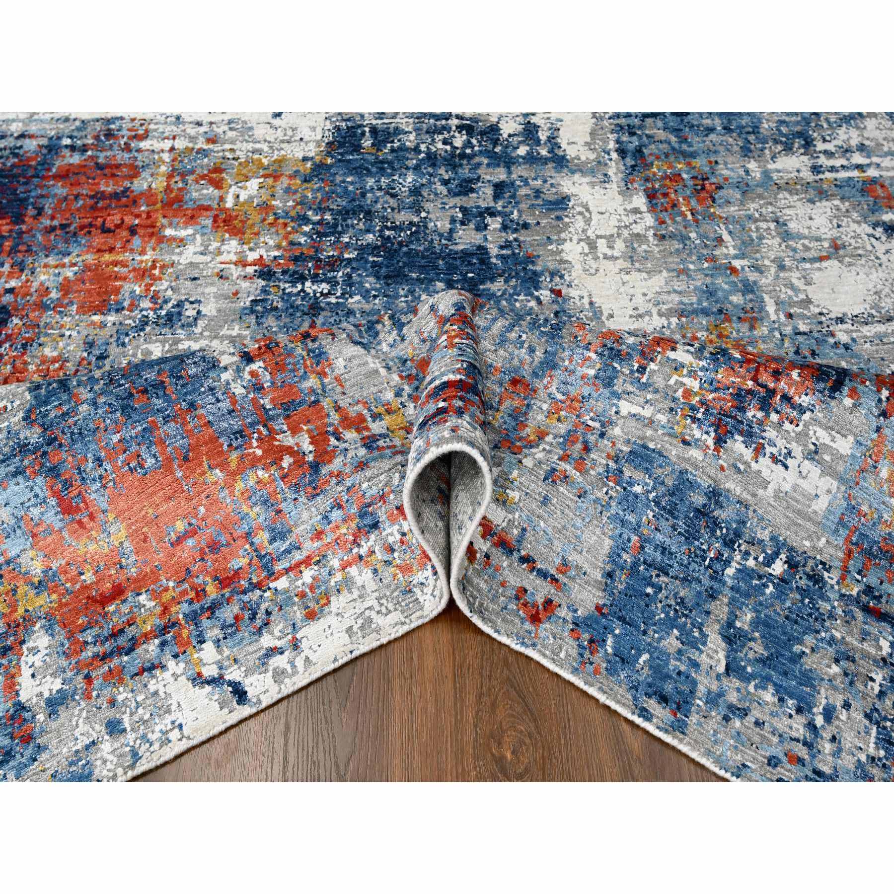 8'9"x11'7" Imperial Blue and Earth Tone Colors, Abstract Design with Nepali Weave, Shiny Plant Based Silk, Hand Knotted, Oriental Rug Sh10213