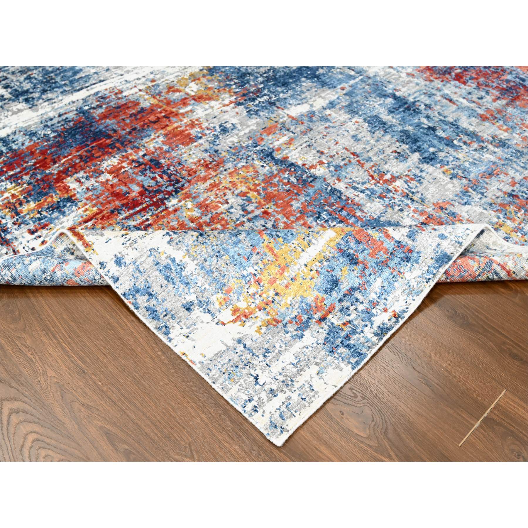 8'9"x11'7" Imperial Blue and Earth Tone Colors, Abstract Design with Nepali Weave, Shiny Plant Based Silk, Hand Knotted, Oriental Rug Sh10213