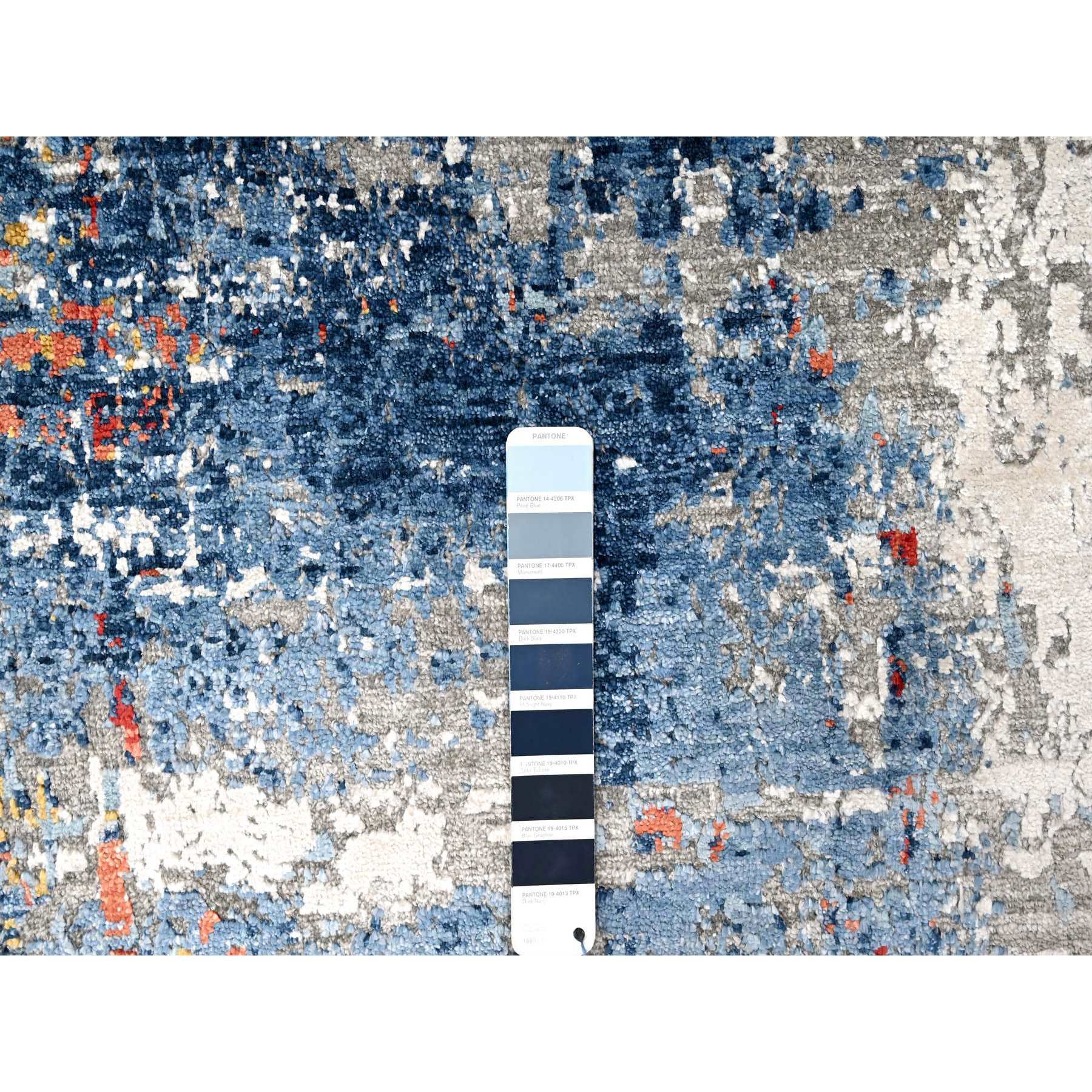 8'9"x11'7" Imperial Blue and Earth Tone Colors, Abstract Design with Nepali Weave, Shiny Plant Based Silk, Hand Knotted, Oriental Rug Sh10213