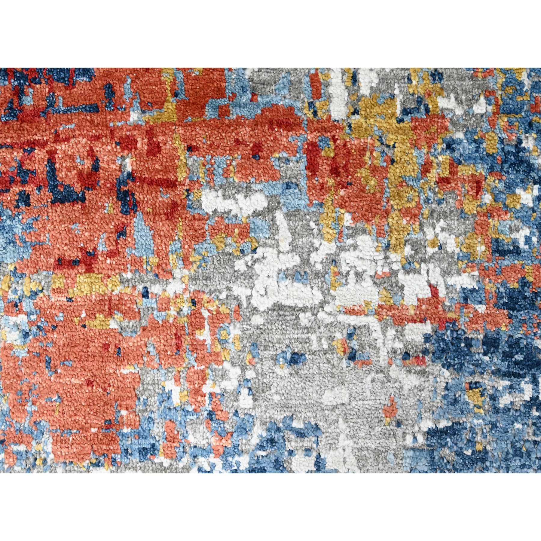 8'9"x11'7" Imperial Blue and Earth Tone Colors, Abstract Design with Nepali Weave, Shiny Plant Based Silk, Hand Knotted, Oriental Rug Sh10213