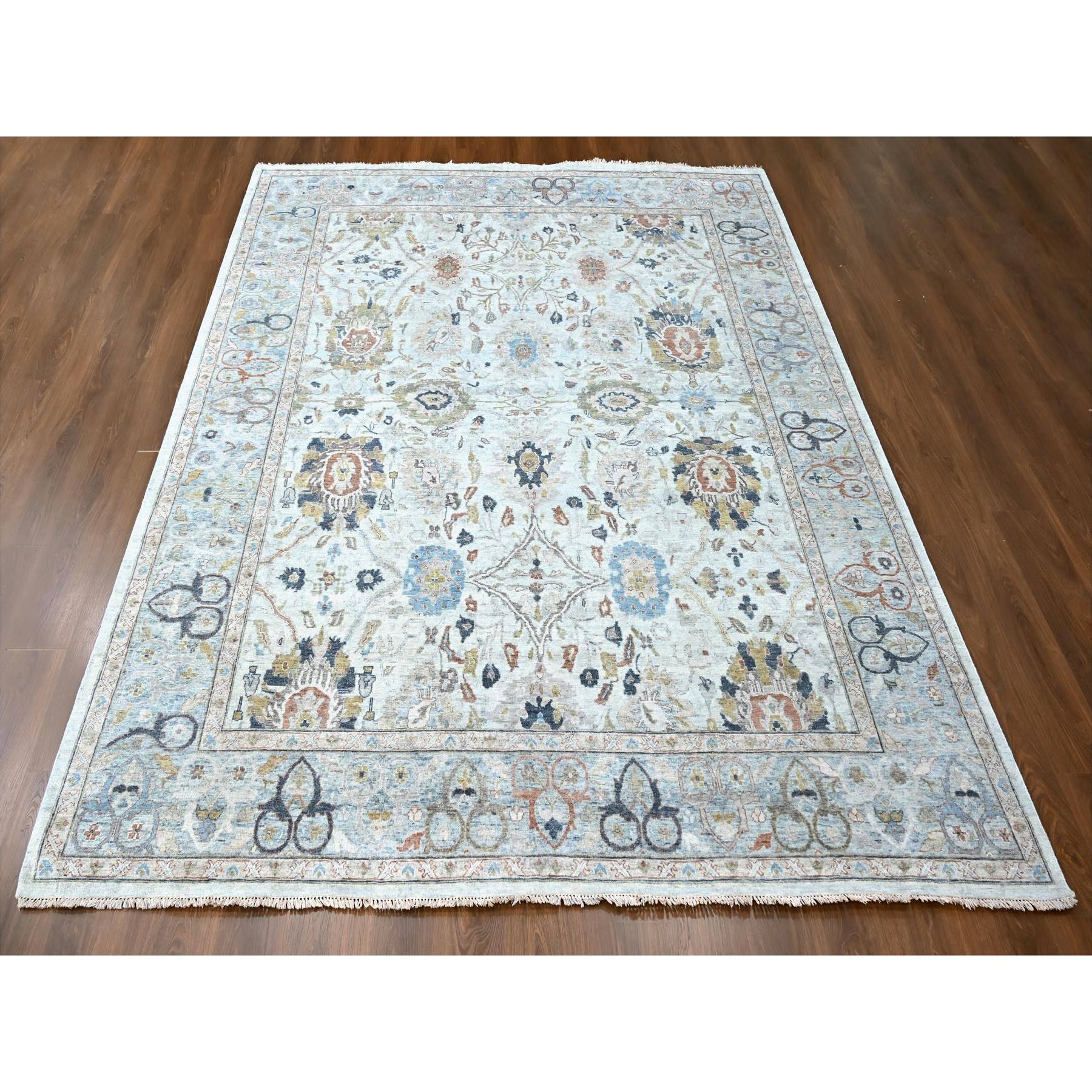 9'x12' Oyster Gray, Antiqued Persian Ziegler Mahal Design, Distressed, Zero Pile, Shaved Low, Oxidized Hand Knotted, 100% Wool, Oriental Rug Sh10214