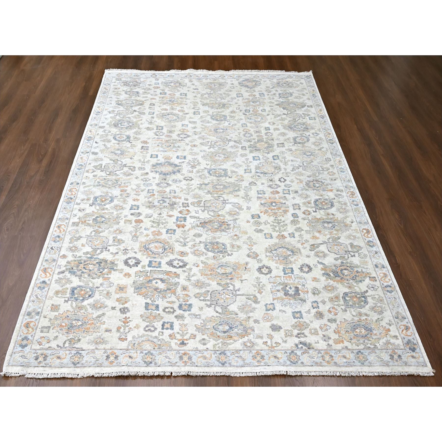 8'10"x11'10" Chiffon White, Antiqued Persian with Ziegler Mahal Design, Distressed, Zero Pile, Shaved Low, Oxidized, Pure Wool, Hand Knotted, Oriental Rug Sh10215