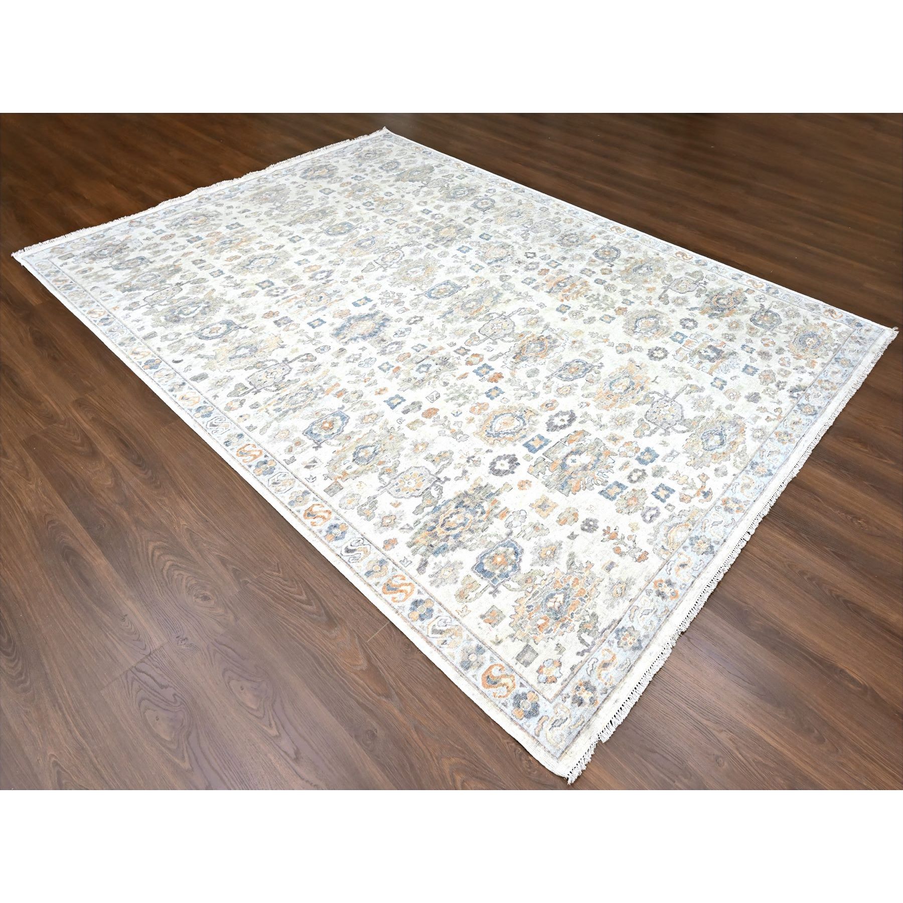 8'10"x11'10" Chiffon White, Antiqued Persian with Ziegler Mahal Design, Distressed, Zero Pile, Shaved Low, Oxidized, Pure Wool, Hand Knotted, Oriental Rug Sh10215