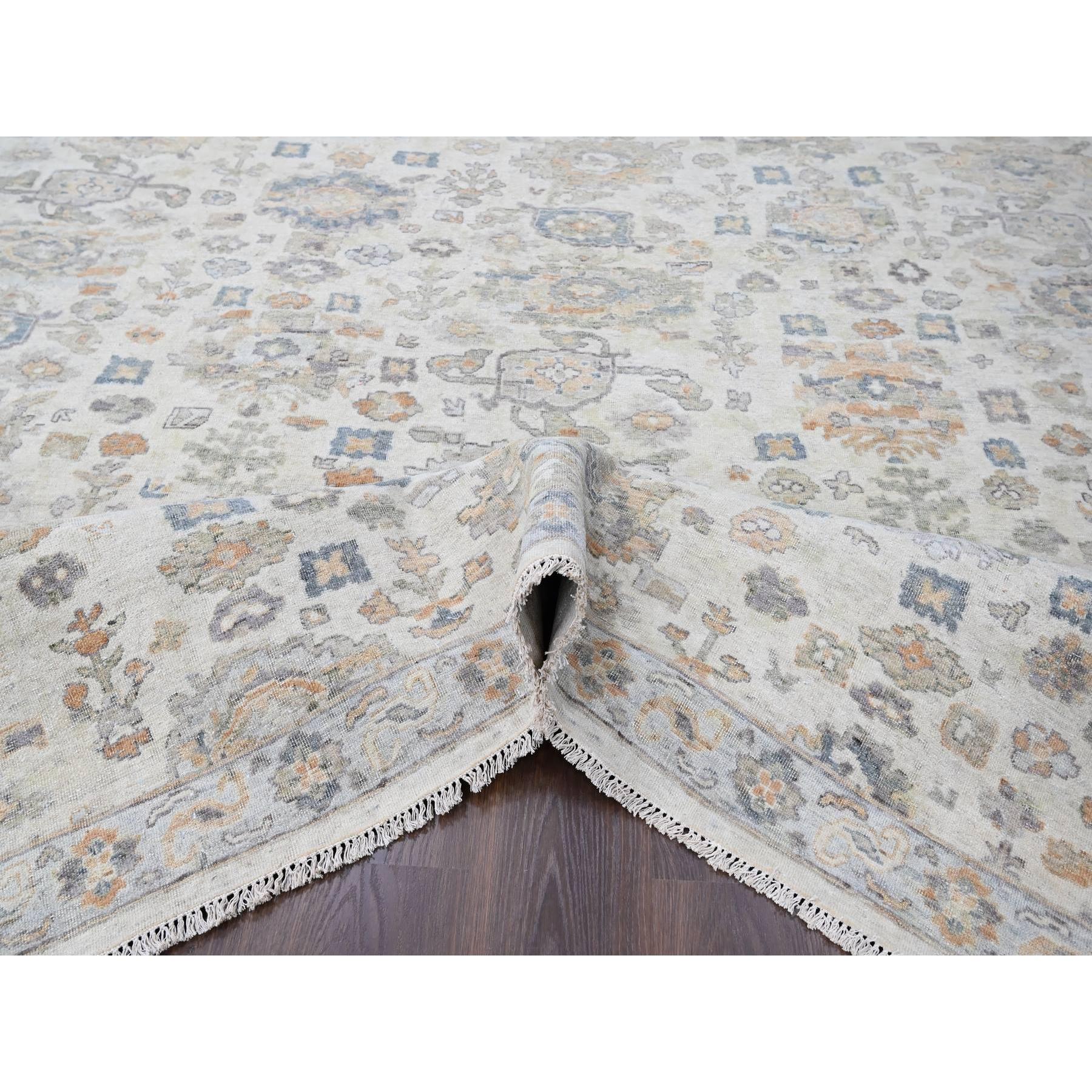 8'10"x11'10" Chiffon White, Antiqued Persian with Ziegler Mahal Design, Distressed, Zero Pile, Shaved Low, Oxidized, Pure Wool, Hand Knotted, Oriental Rug Sh10215