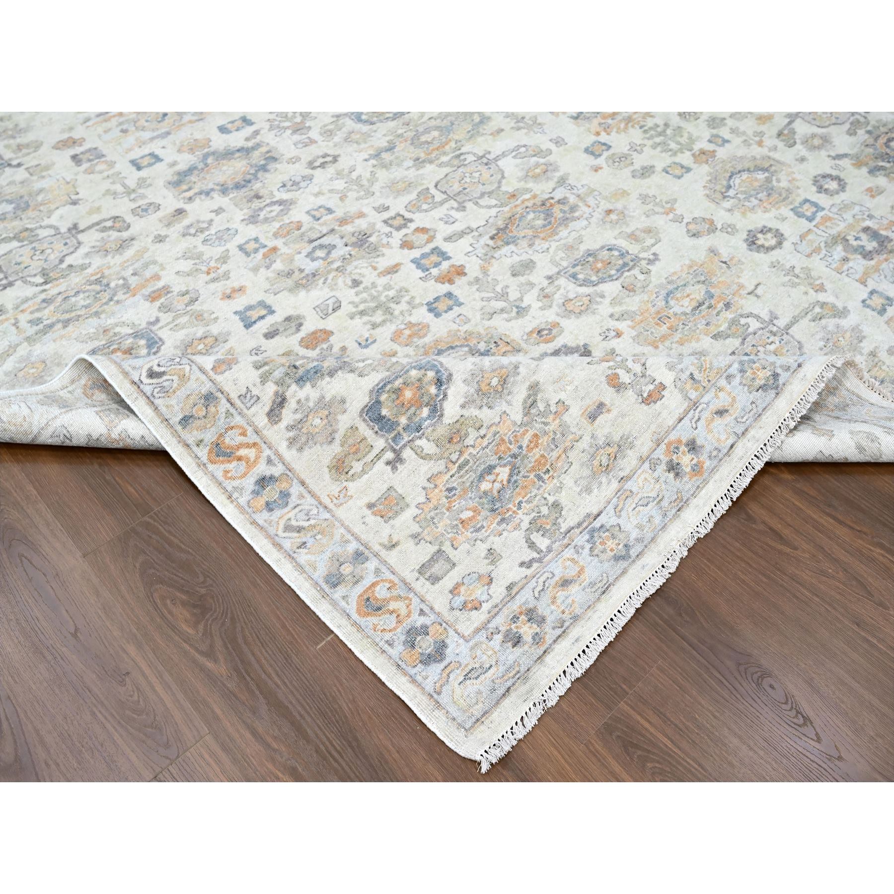 8'10"x11'10" Chiffon White, Antiqued Persian with Ziegler Mahal Design, Distressed, Zero Pile, Shaved Low, Oxidized, Pure Wool, Hand Knotted, Oriental Rug Sh10215