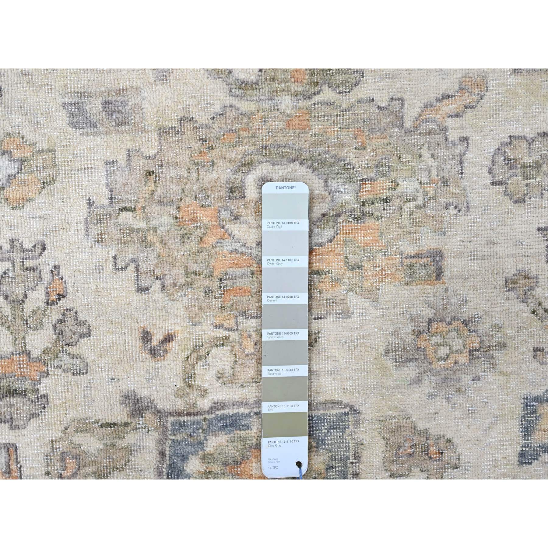 8'10"x11'10" Chiffon White, Antiqued Persian with Ziegler Mahal Design, Distressed, Zero Pile, Shaved Low, Oxidized, Pure Wool, Hand Knotted, Oriental Rug Sh10215