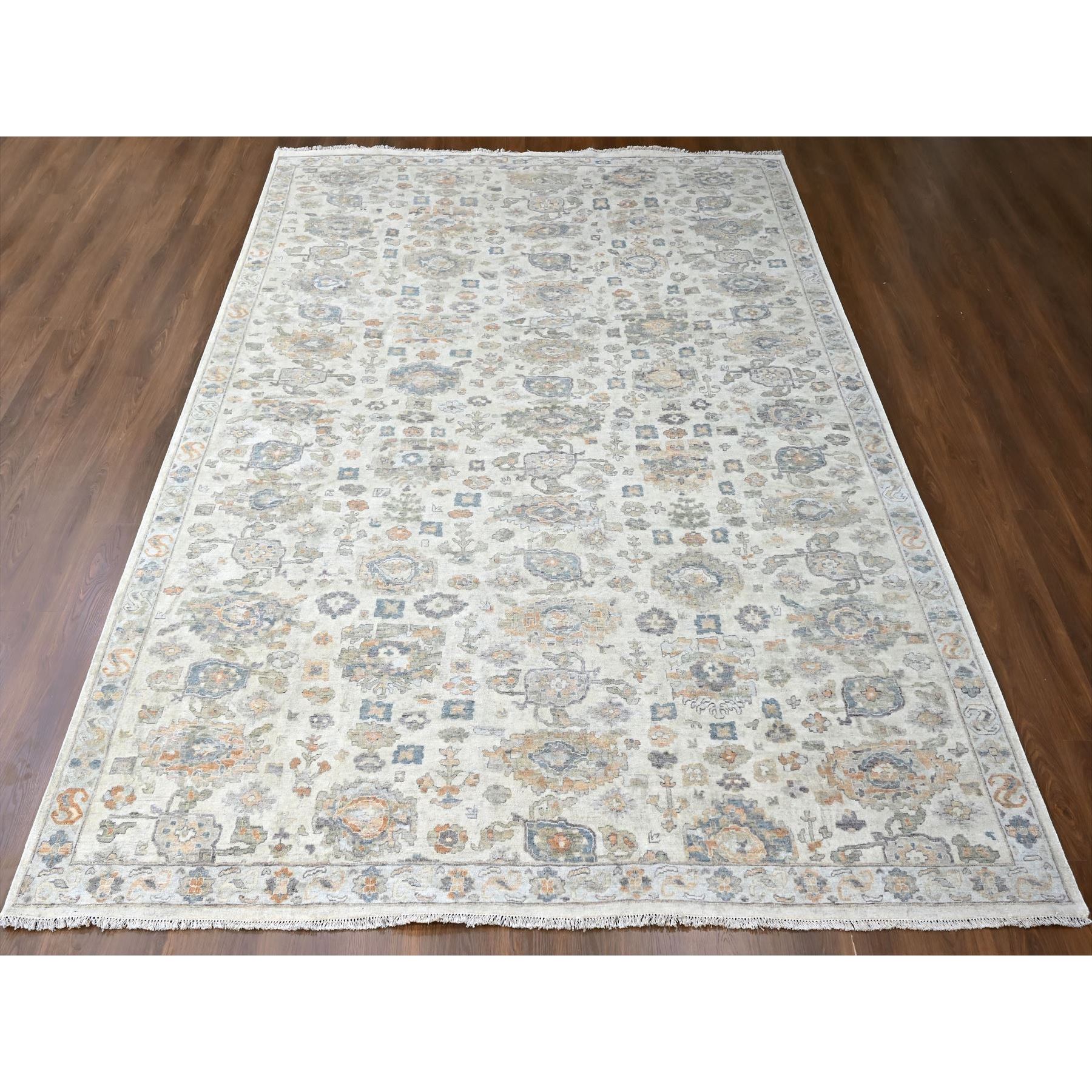 10'x13'10" Linen White, Distressed, Antiqued Persian with Ziegler Mahal Design, Oxidized, Zero Pile, Shaved Low, 100% Wool, Hand Knotted, Oriental Rug Sh10216
