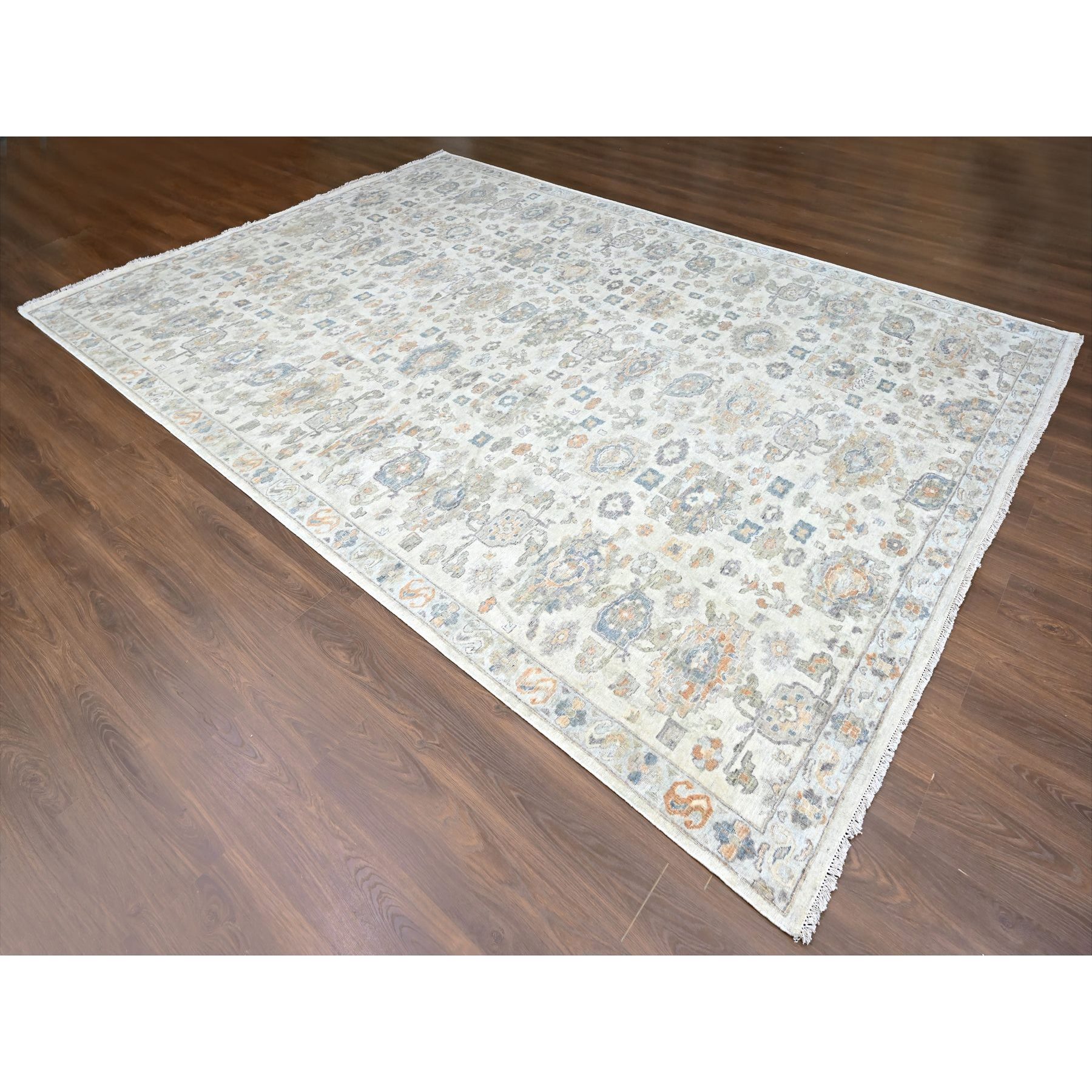 10'x13'10" Linen White, Distressed, Antiqued Persian with Ziegler Mahal Design, Oxidized, Zero Pile, Shaved Low, 100% Wool, Hand Knotted, Oriental Rug Sh10216