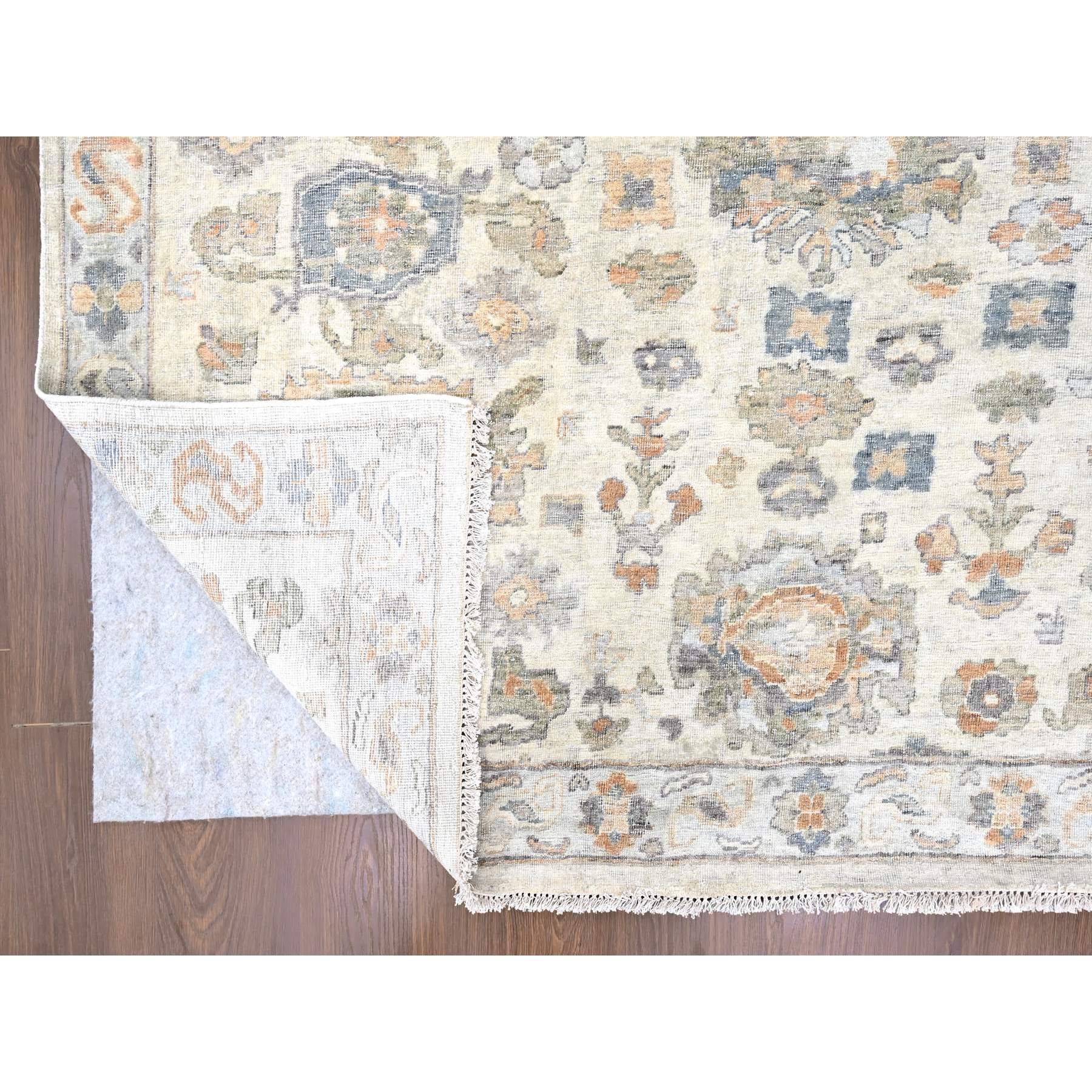 10'x13'10" Linen White, Distressed, Antiqued Persian with Ziegler Mahal Design, Oxidized, Zero Pile, Shaved Low, 100% Wool, Hand Knotted, Oriental Rug Sh10216